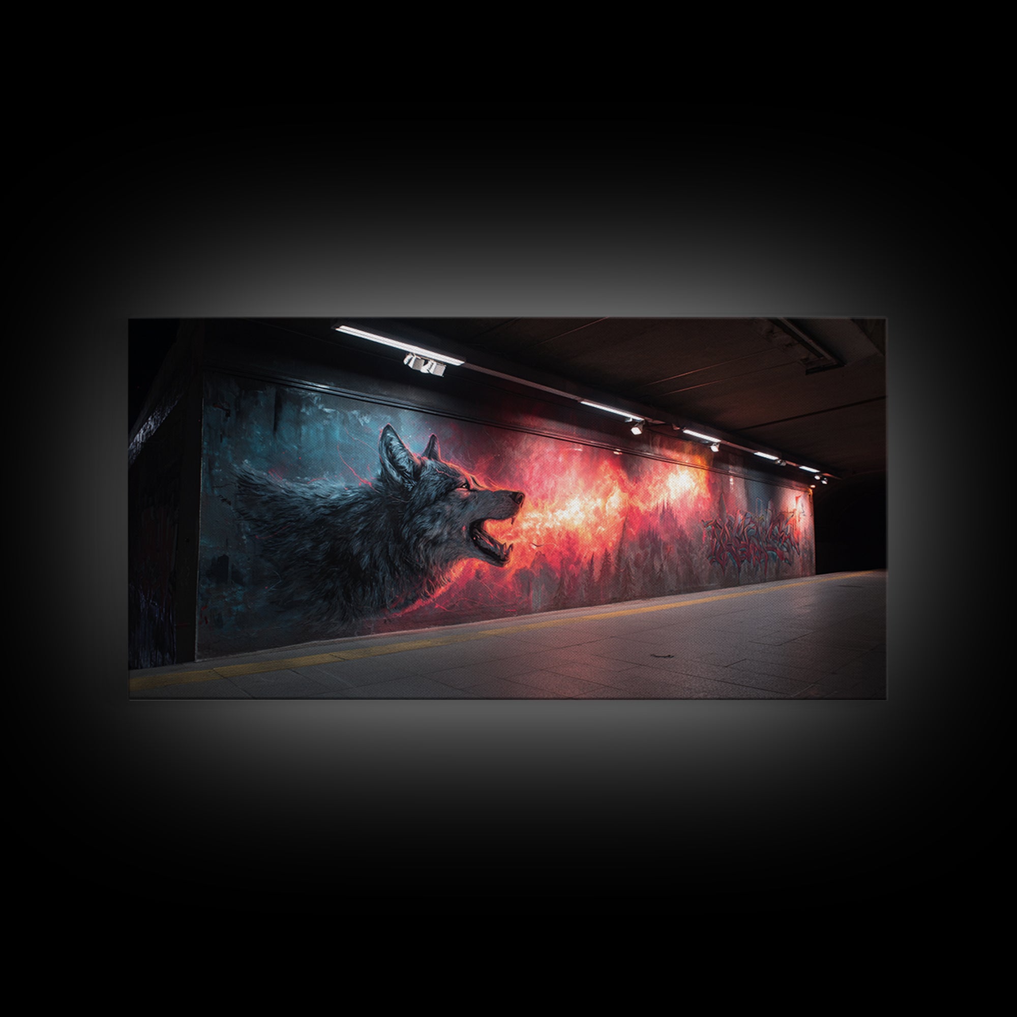 Howling Wolf Graffiti Tunnel Mural Wall Art, Urban Street Art Print, Dark Fantasy Decor, Edgy Man Cave Canvas For Living Room Decor