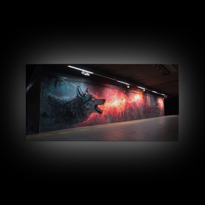 Howling Wolf Graffiti Tunnel Mural Wall Art, Urban Street Art Print, Dark Fantasy Decor, Edgy Man Cave Canvas For Living Room Decor