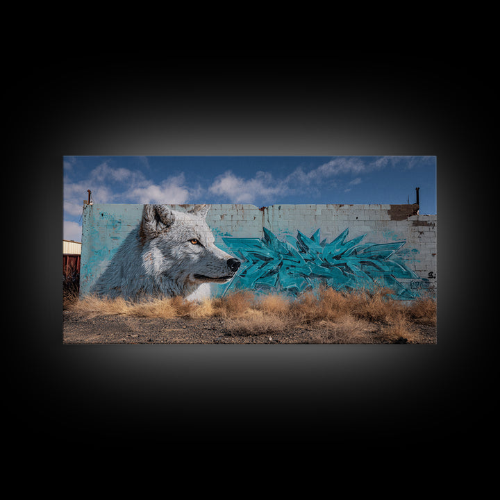 White Wolf Graffiti Mural On Weathered Wall Art, Urban Wildlife Canvas Print, Southwestern Street Decor, Animal Lover Gift