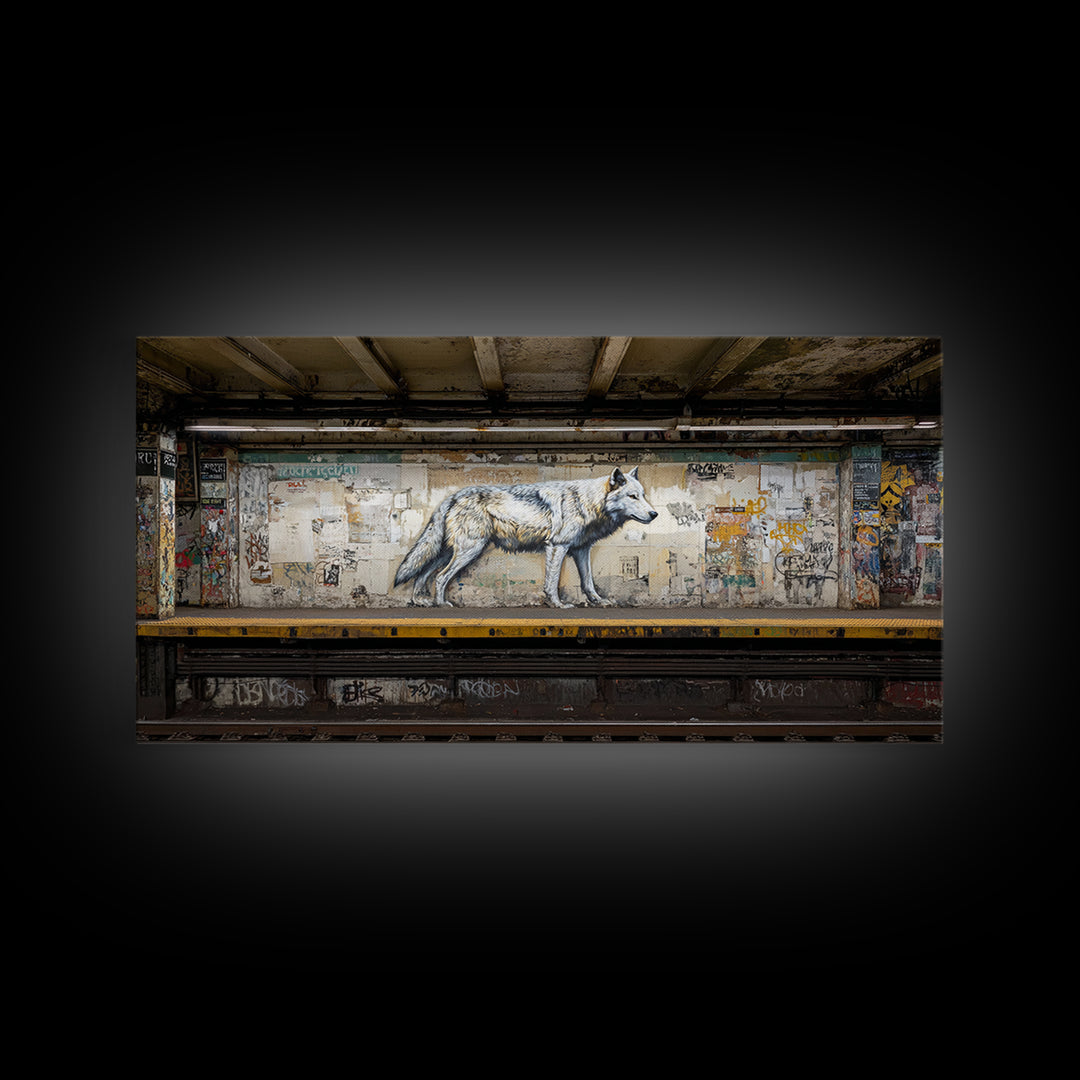 White Wolf Subway Graffiti Wall Art, Urban Animal Canvas Print, Gritty Street Art For Loft Office And Man Cave Decor Gift