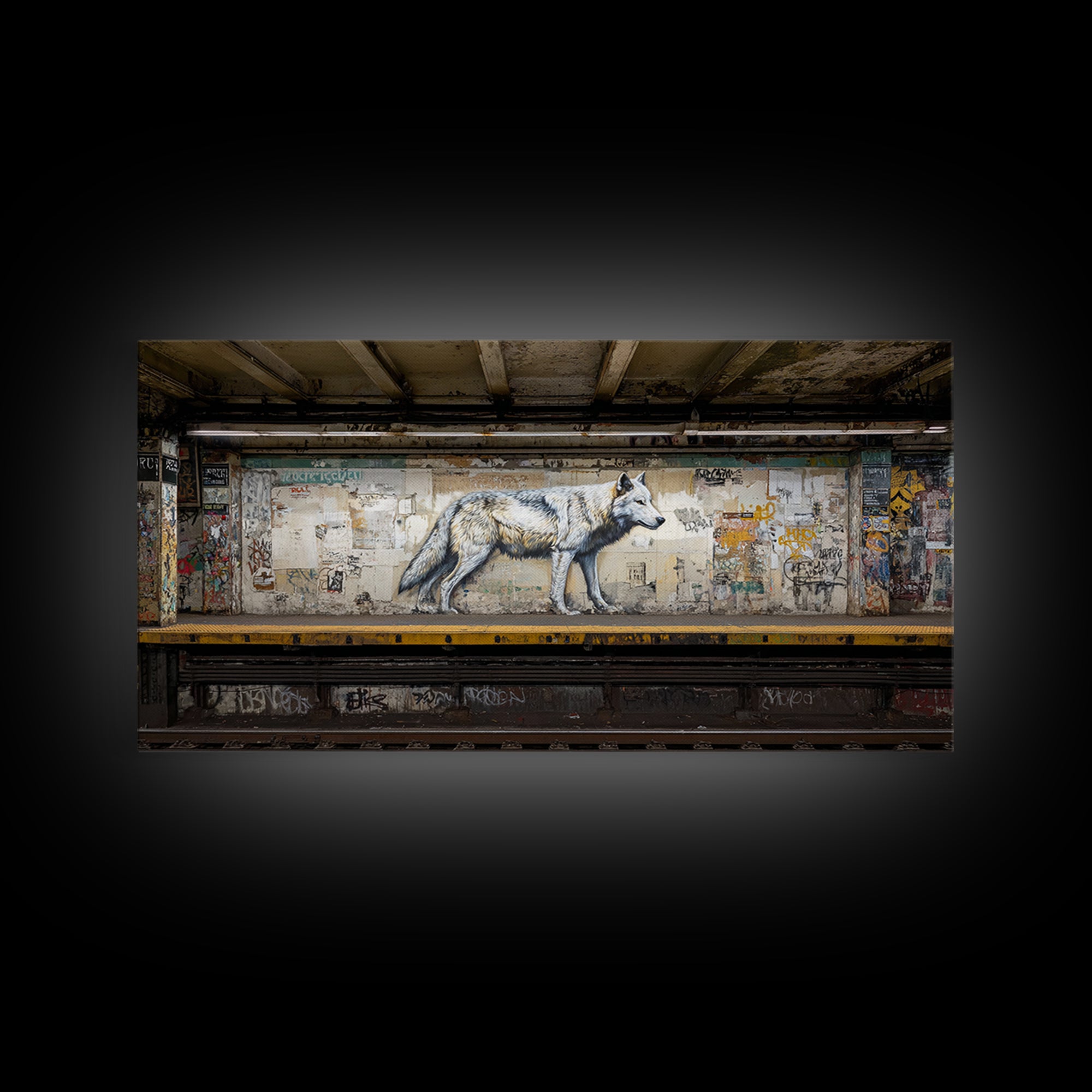 White Wolf Subway Graffiti Wall Art, Urban Animal Canvas Print, Gritty Street Art For Loft Office And Man Cave Decor Gift