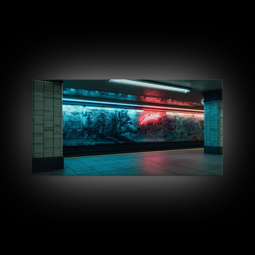 Neon Wolf Mural In Subway Station Wall Art, Urban Animal Street Art Print, Blue Red Graffiti Decor For Modern Loft Home Decor