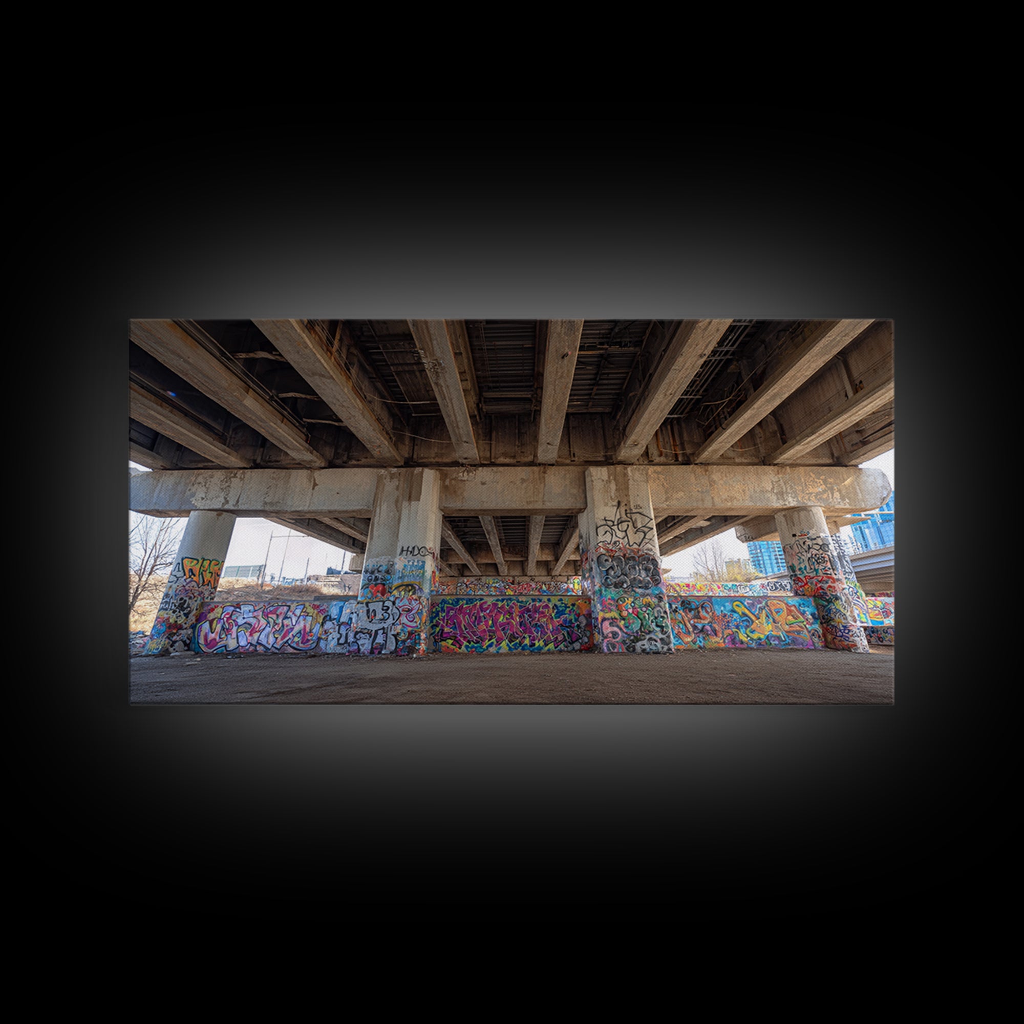 Colorful Graffiti Under Urban Bridge Wall Art, Street Art Photography Print, Modern Office Decor, Industrial City Poster