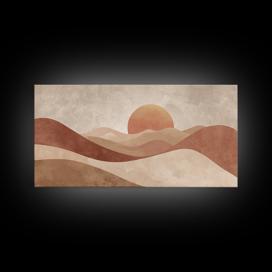Minimalist Desert Sun And Dunes Canvas Print, Earth Tone Wall Art, Neutral Landscape Decor, Large Boho Living Room Art Print