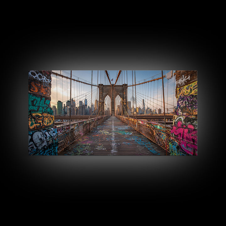 Brooklyn Bridge Graffiti Wall Art, New York City Canvas Print, Urban Street Art Decor, Industrial Loft Travel Poster Print