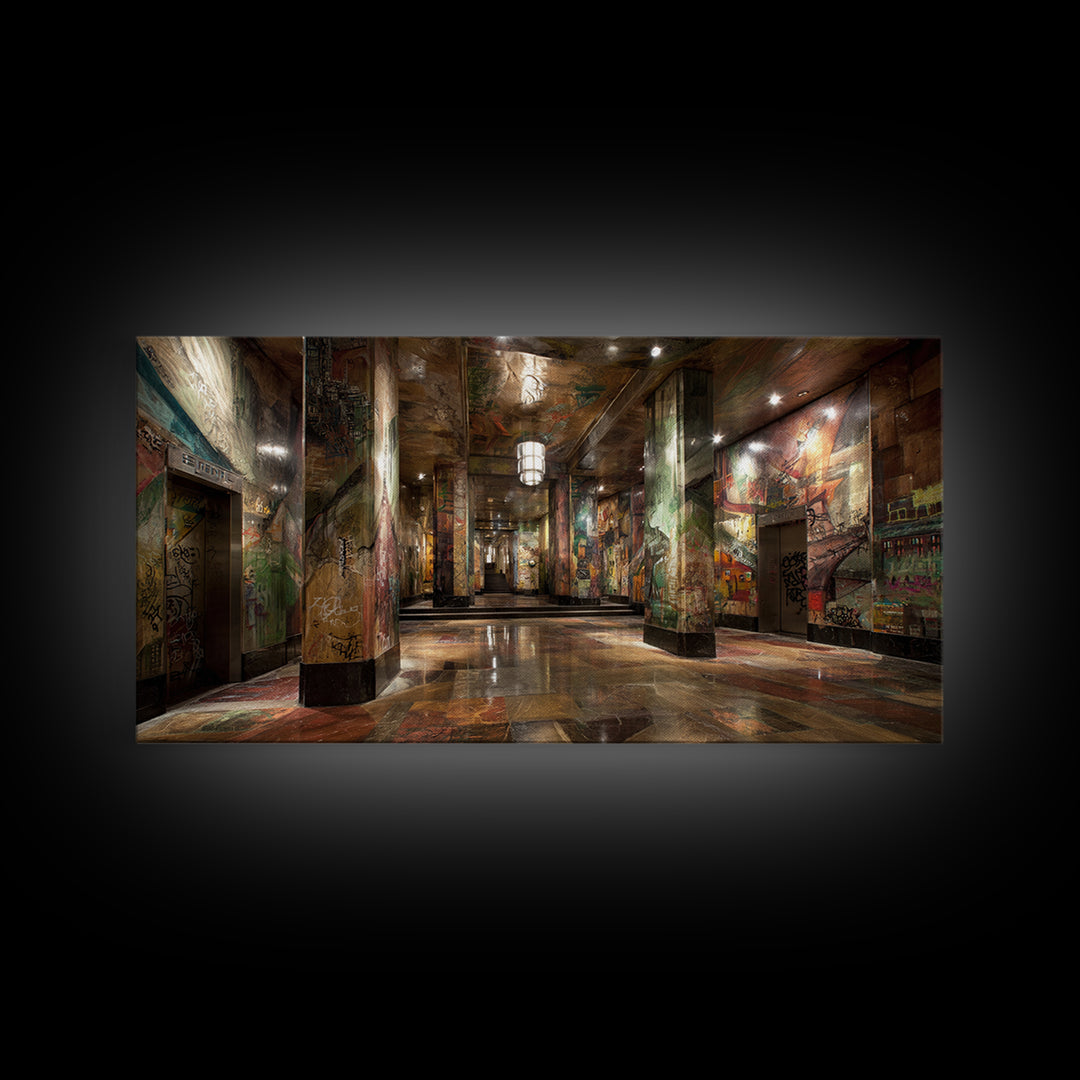 Graffiti Covered Underground Corridor Wall Art, Industrial Urban Canvas Print, Street Art Decor, Edgy Office Wall Decor