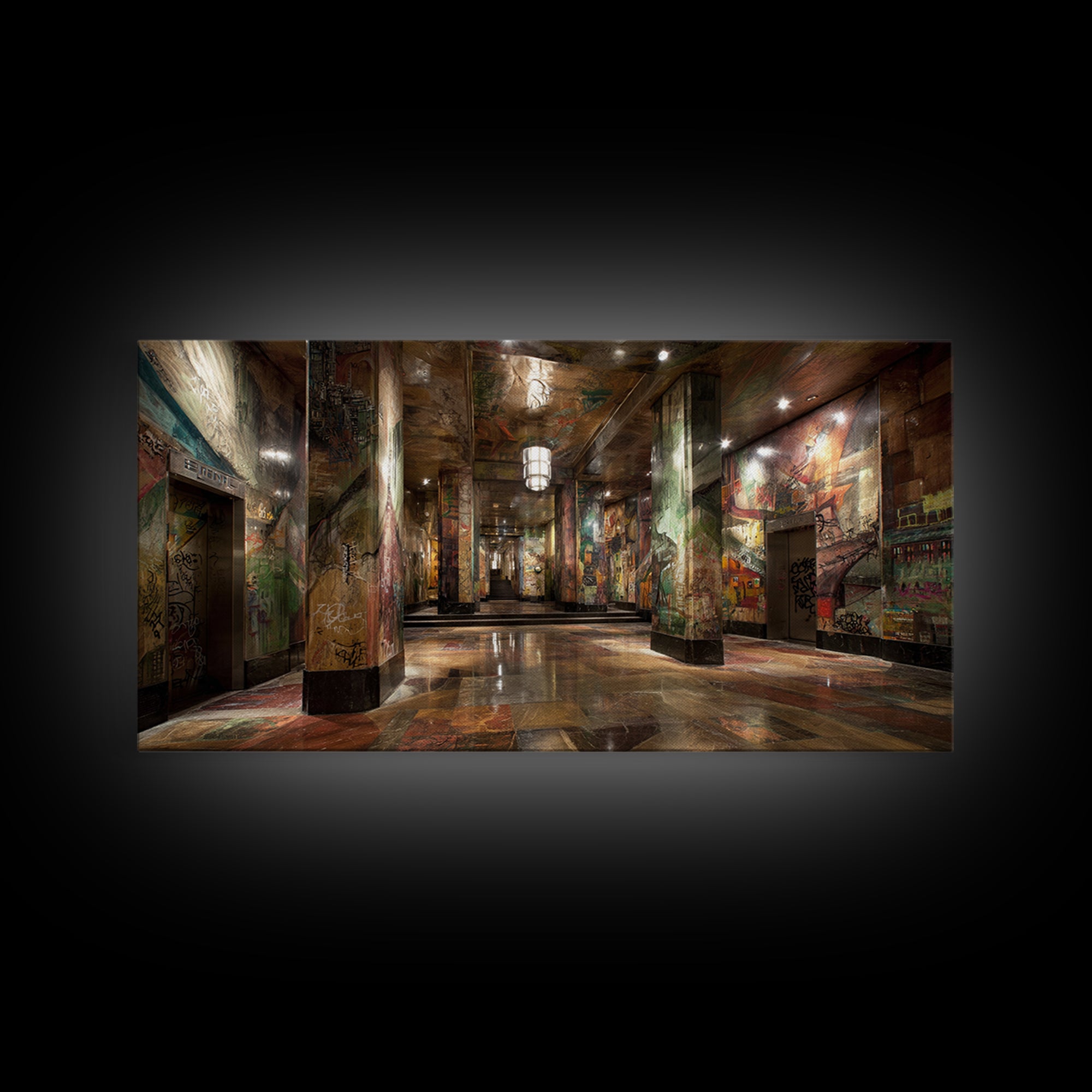 Graffiti Covered Underground Corridor Wall Art, Industrial Urban Canvas Print, Street Art Decor, Edgy Office Wall Decor