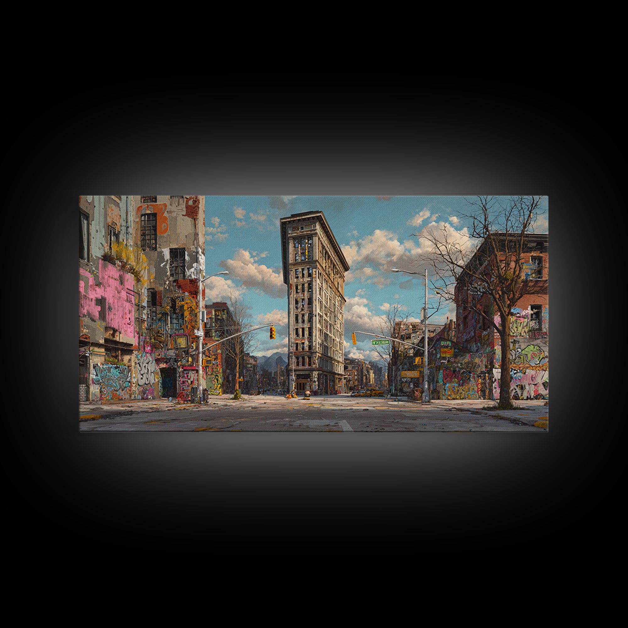 Flatiron City Street Wall Art, Urban Landscape Canvas Print, Graffiti Building Decor, New York Style Apartment Gift For Him