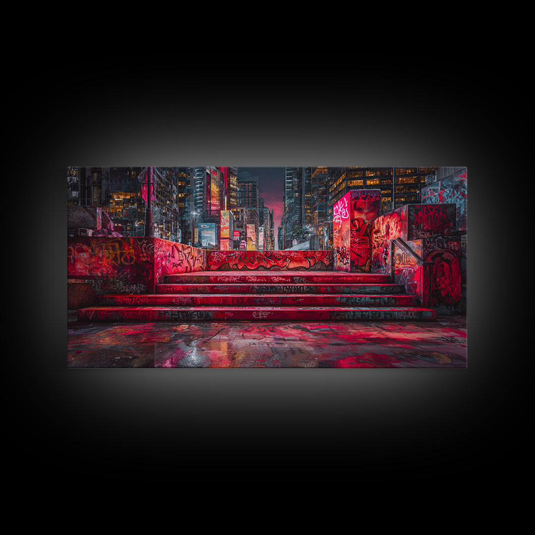 Neon Graffiti City Steps Wall Art, Cyberpunk Urban Street Art Print, Red Futuristic Decor For Gaming Room Or Loft Apartment Home Decor