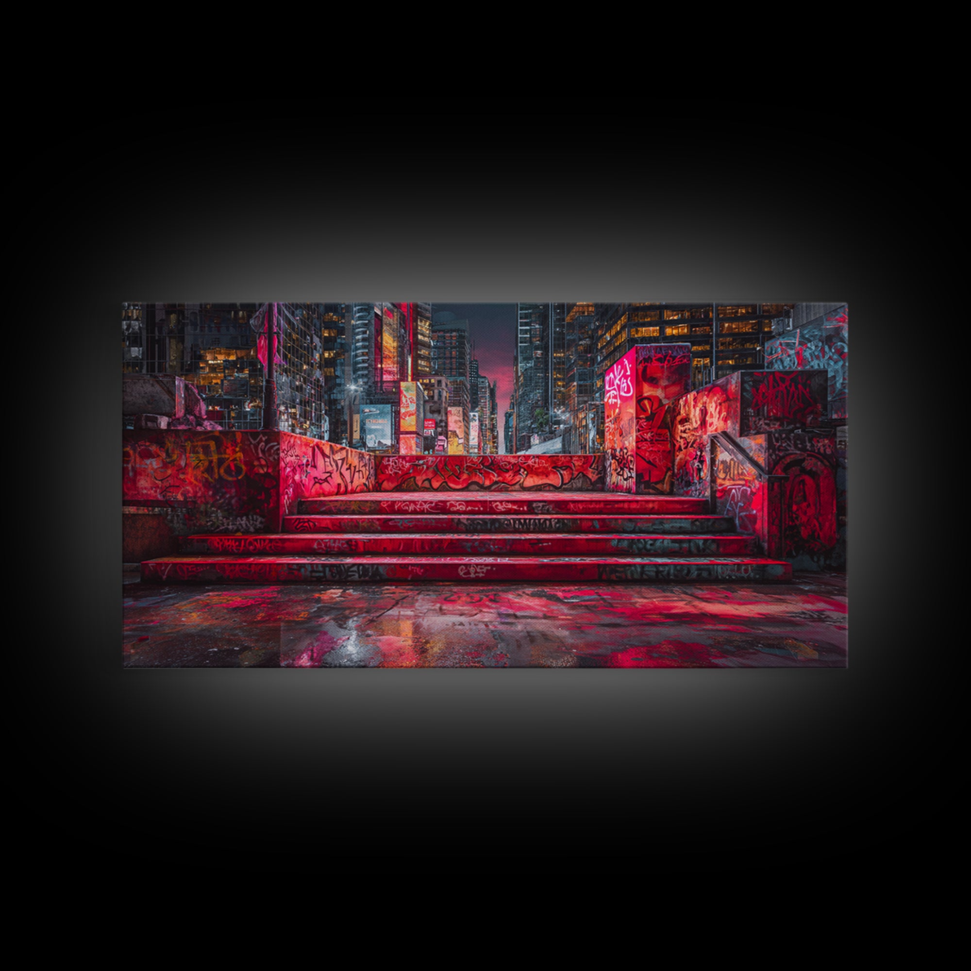 Neon Graffiti City Steps Wall Art, Cyberpunk Urban Street Art Print, Red Futuristic Decor For Gaming Room Or Loft Apartment Home Decor