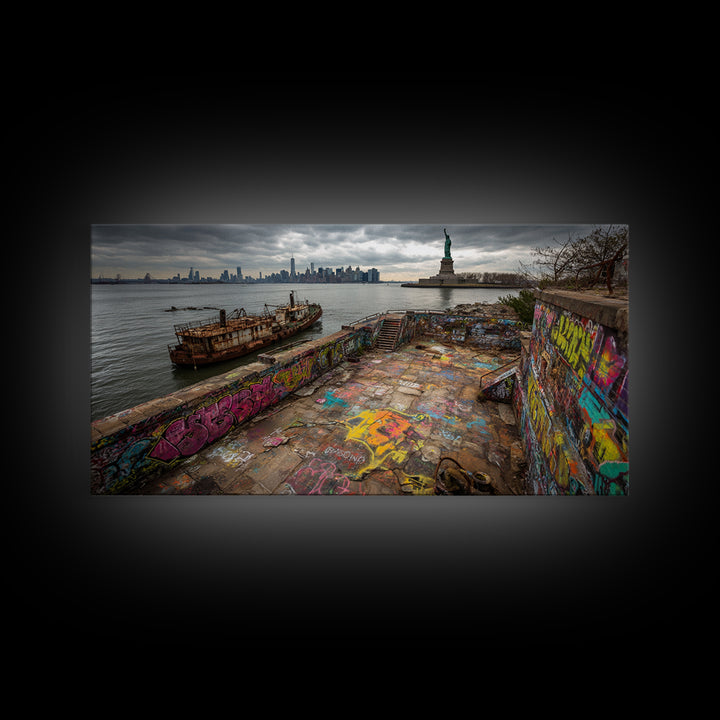 Statue Of Liberty Graffiti Pier Cityscape Wall Art, New York Travel Poster Canvas Print, Urban Coastal Decor, Gift For Him