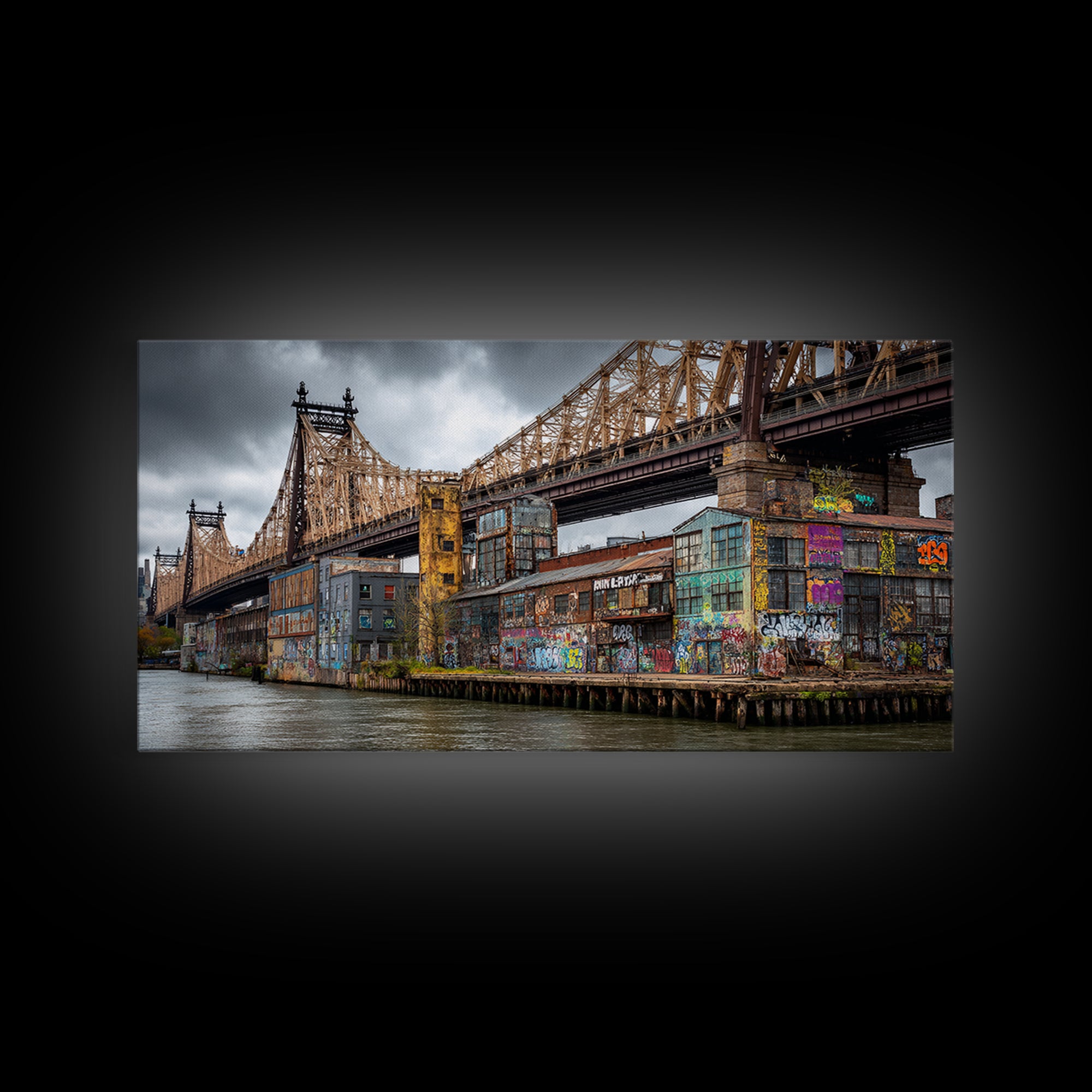 Graffiti Covered City Bridge Waterfront Framed Canvas Print, Urban Wall Art, NYC Art Print, Industrial Office Decor, Travel Poster