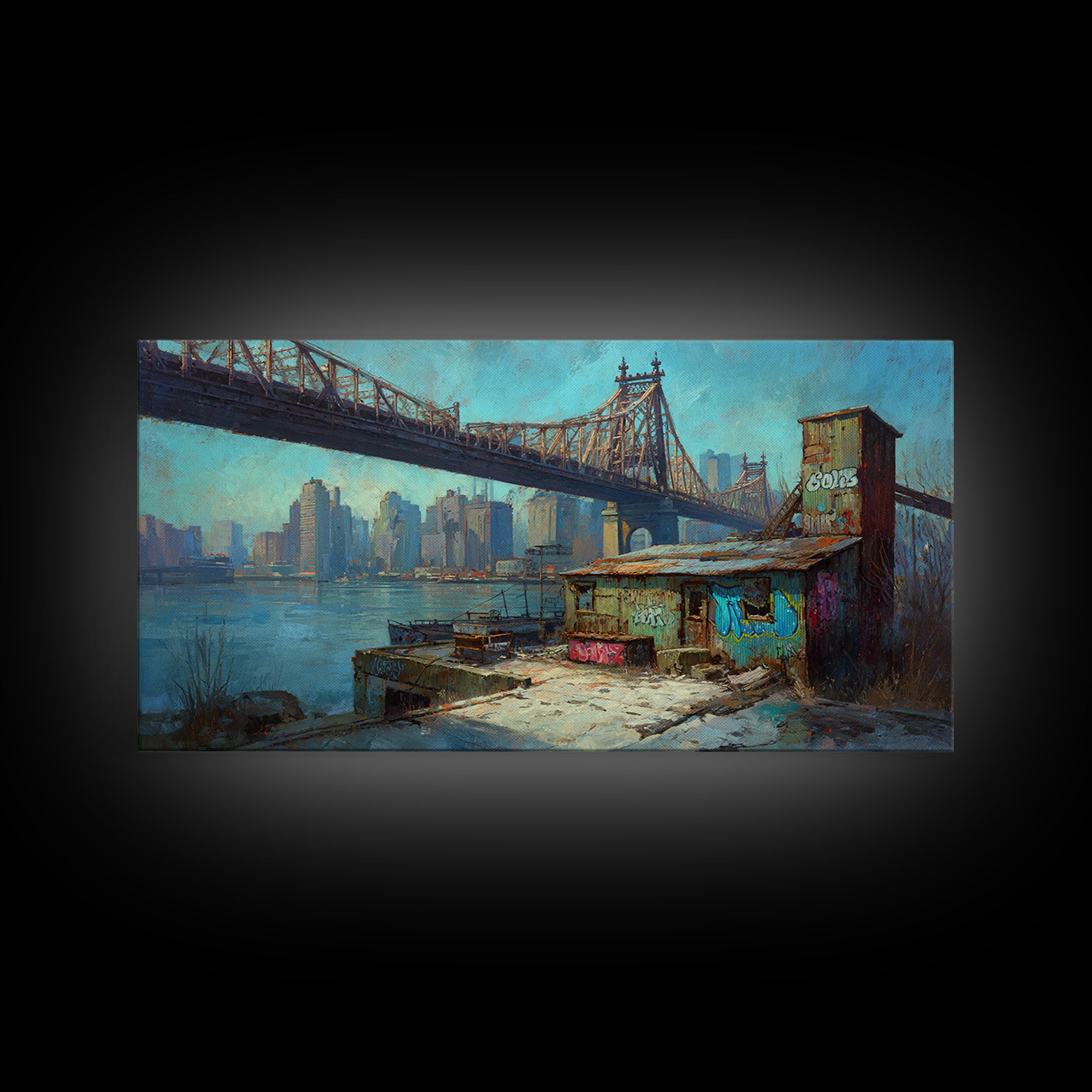 Queensboro Bridge Urban Waterfront Wall Art, NYC Cityscape Canvas Print, Industrial Loft Decor For Office And Living Room Decor