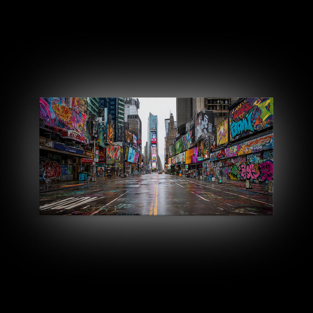 Rainy Neon Graffiti City Street Wall Art, Urban Canvas Print, New York Poster, Street Art Decor, Modern Office Decor, Gift For Him