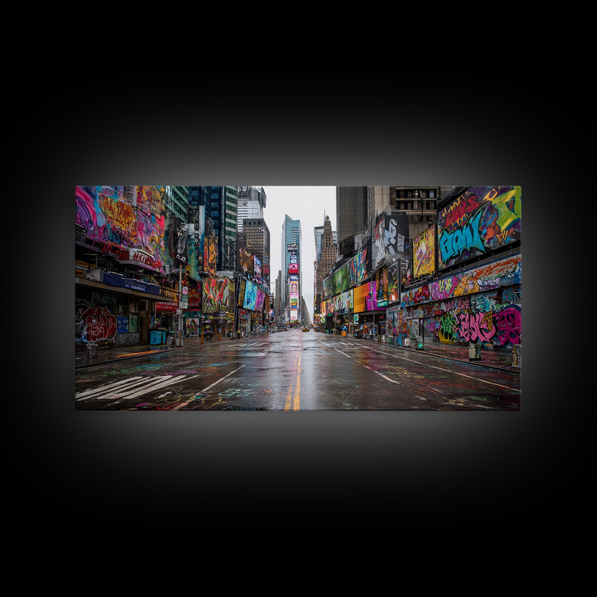Rainy Neon Graffiti City Street Wall Art, Urban Canvas Print, New York Poster, Street Art Decor, Modern Office Decor, Gift For Him
