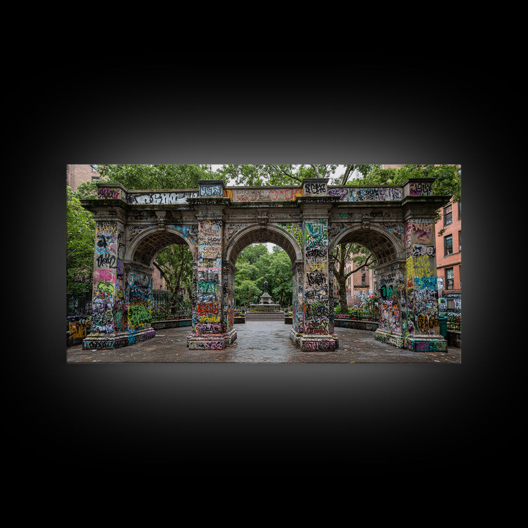 Graffiti Covered Stone Arch Wall Art, Urban Park Framed Canvas Print, NYC Street Art, Eclectic Apartment Decor Gift For Him