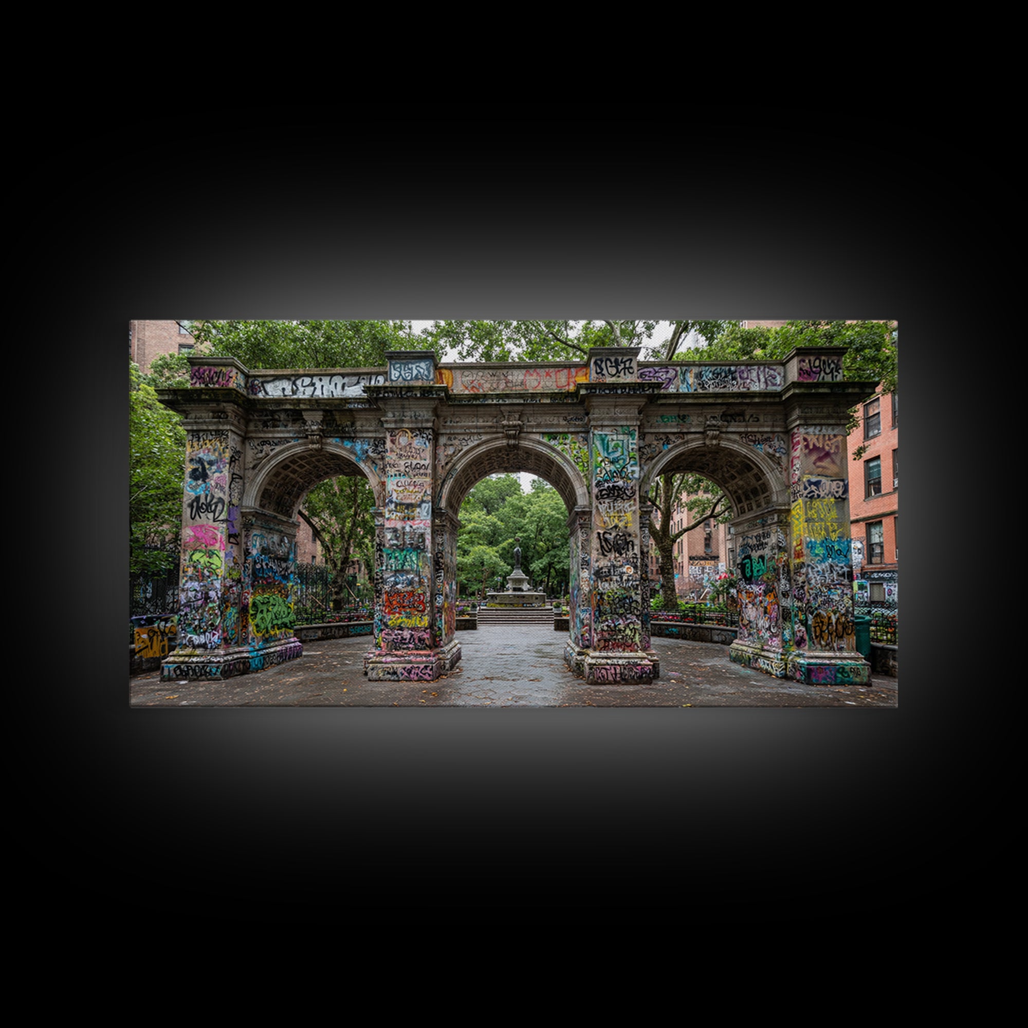 Graffiti Covered Stone Arch Wall Art, Urban Park Framed Canvas Print, NYC Street Art, Eclectic Apartment Decor Gift For Him