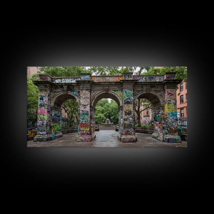 Graffiti Covered Stone Arch Wall Art, Urban Park Framed Canvas Print, NYC Street Art, Eclectic Apartment Decor Gift For Him