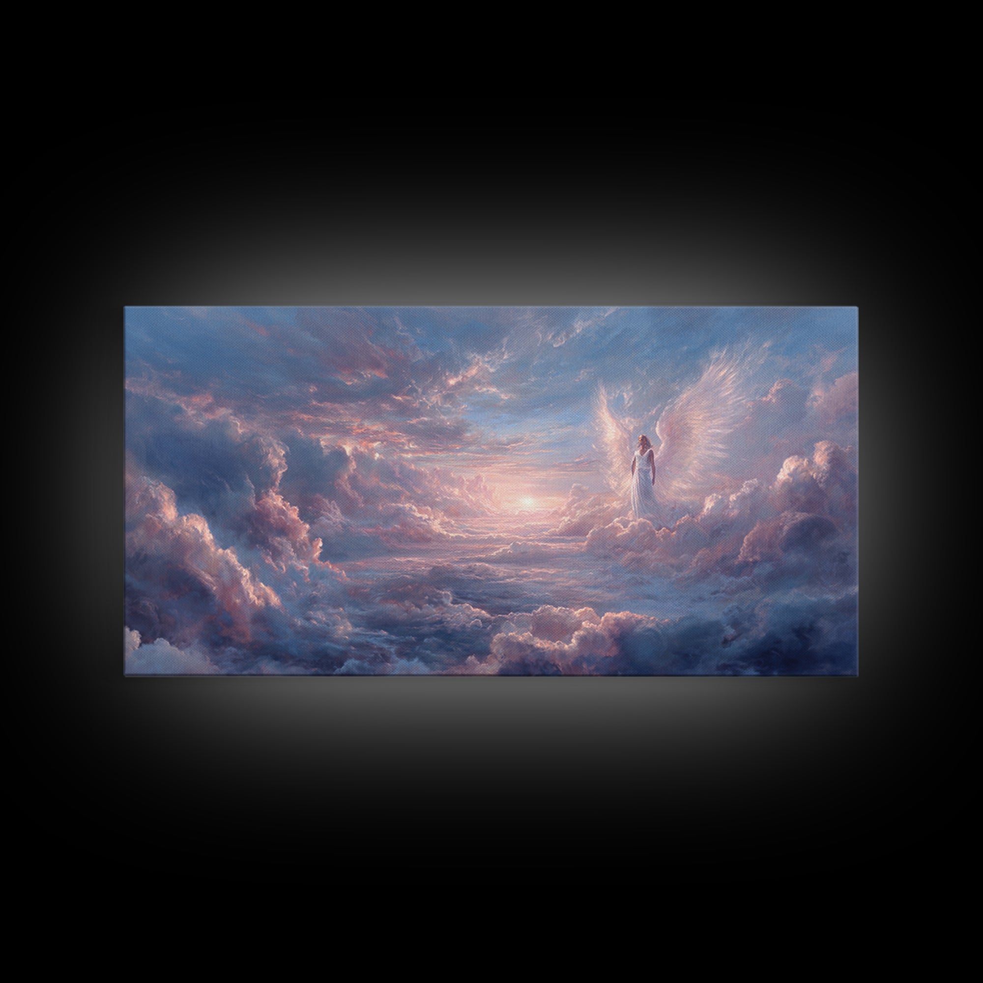 Angel In Pastel Heaven Clouds Framed Canvas Print, Dreamy Celestial Wall Art, Spiritual Sky Home Decor, Serene Gift For Her