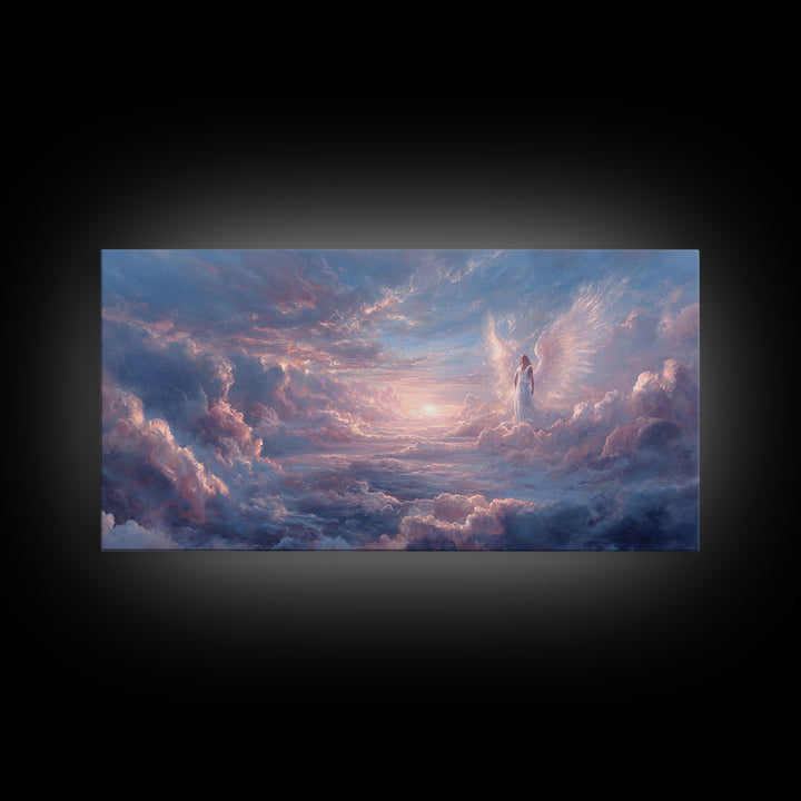 Angel In Pastel Heaven Clouds Framed Canvas Print, Dreamy Celestial Wall Art, Spiritual Sky Home Decor, Serene Gift For Her