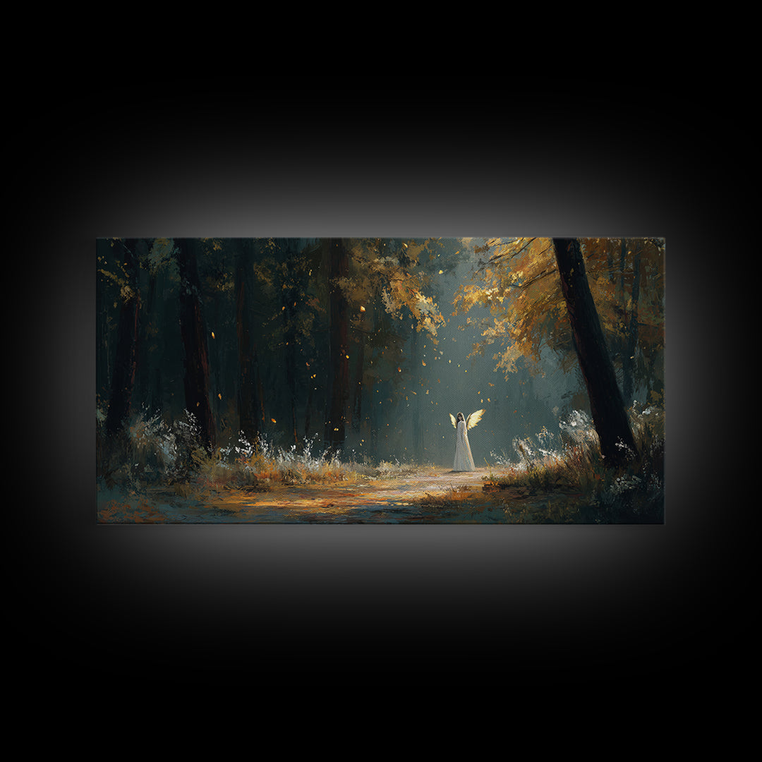 White Figure In Sunlit Autumn Forest Wall Art, Fantasy Landscape Print, Dark Woodland Decor, Mystical Nature Painting, Fine Art Print