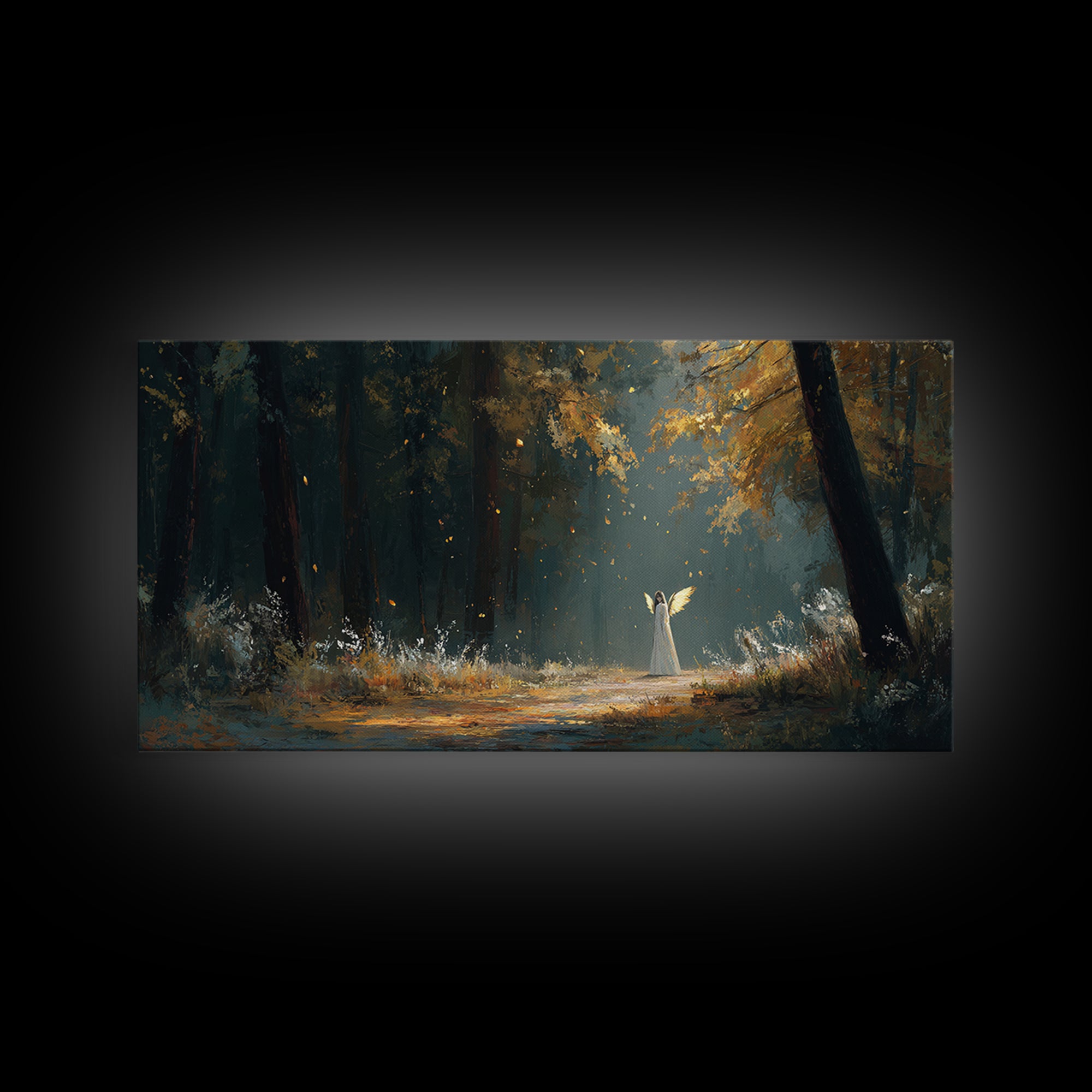White Figure In Sunlit Autumn Forest Wall Art, Fantasy Landscape Print, Dark Woodland Decor, Mystical Nature Painting, Fine Art Print