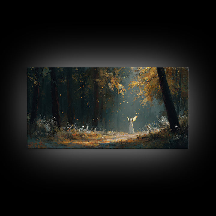 White Figure In Sunlit Autumn Forest Wall Art, Fantasy Landscape Print, Dark Woodland Decor, Mystical Nature Painting, Fine Art Print
