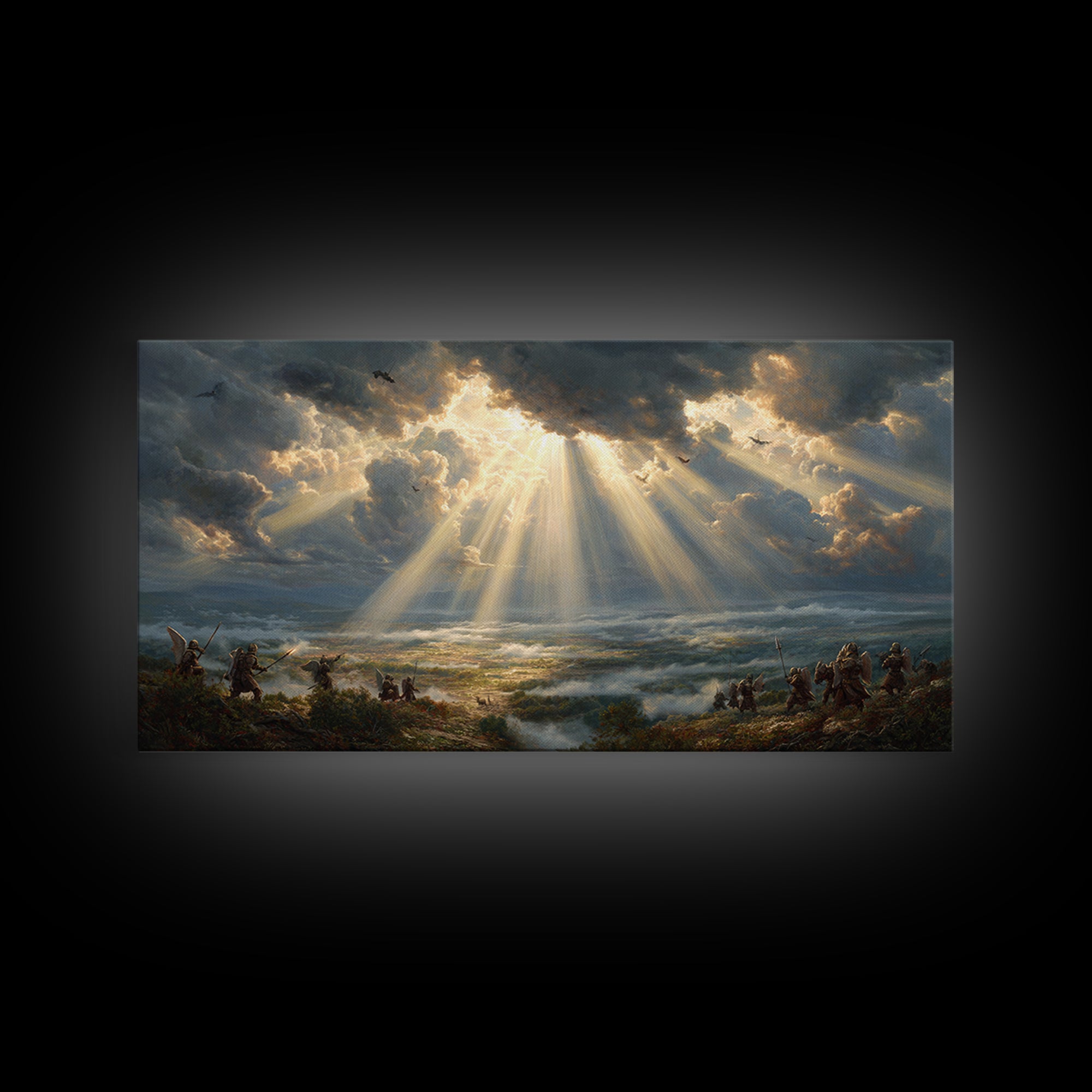 Heavenly Battlefield Canvas Print, Angelic Sun Rays Wall Art, Epic Soldiers Landscape, Christian Home Decor For Living Room