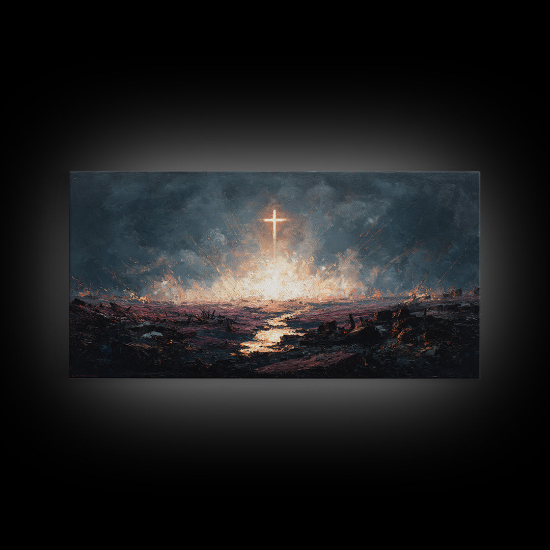 Glowing Cross Over Stormy Battlefield Framed Canvas Print, Christian Wall Art, Dramatic Faith Decor, Prayer Room Gift Idea