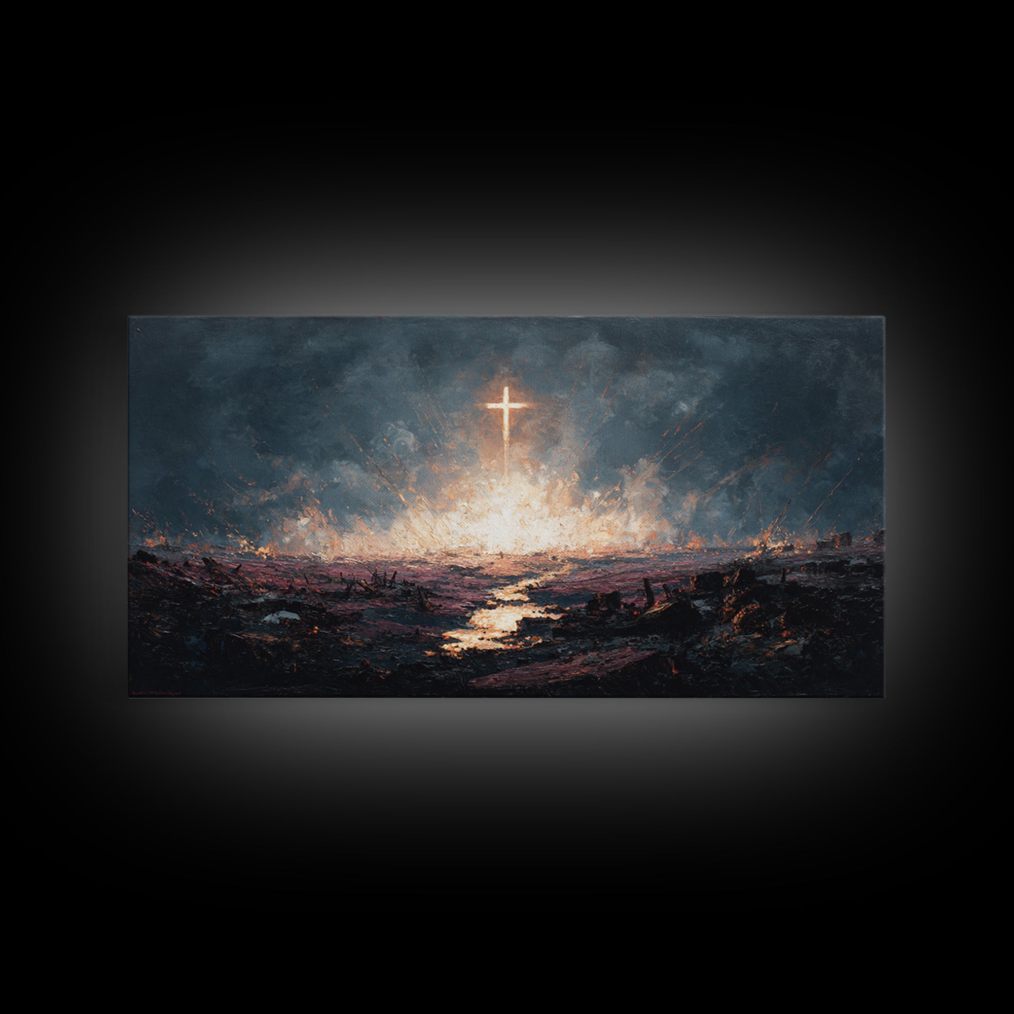 Glowing Cross Over Stormy Battlefield Framed Canvas Print, Christian Wall Art, Dramatic Faith Decor, Prayer Room Gift Idea