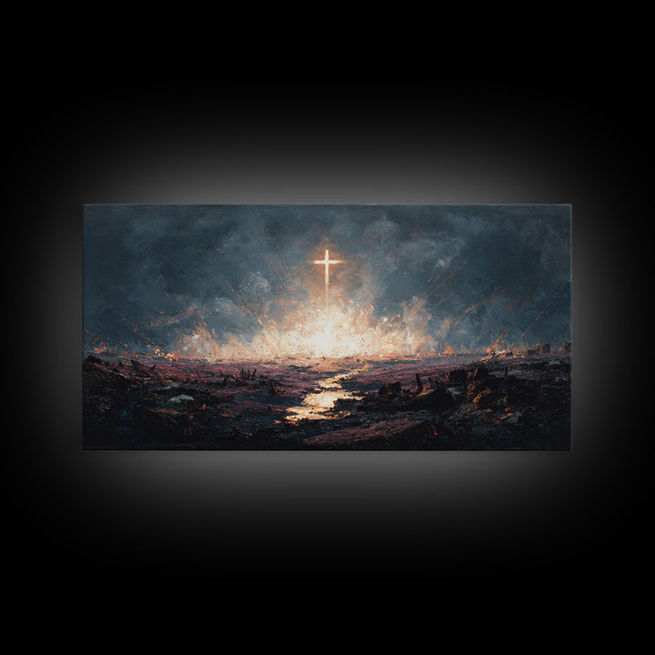 Glowing Cross Over Stormy Battlefield Framed Canvas Print, Christian Wall Art, Dramatic Faith Decor, Prayer Room Gift Idea