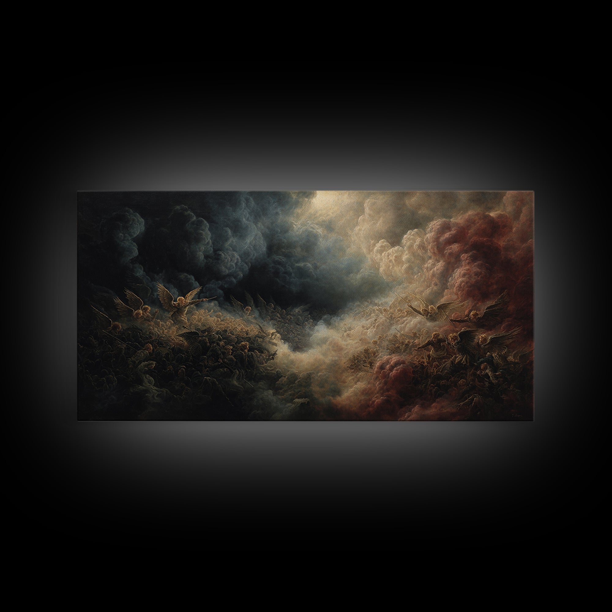 Dark Angel Battle In Storm Clouds Wall Art, Biblical Fantasy Painting, Dramatic Gothic Decor, Religious Fine Art Print Gift