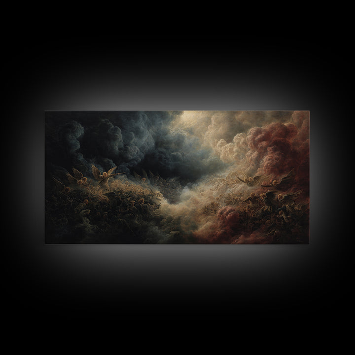 Dark Angel Battle In Storm Clouds Wall Art, Biblical Fantasy Painting, Dramatic Gothic Decor, Religious Fine Art Print Gift