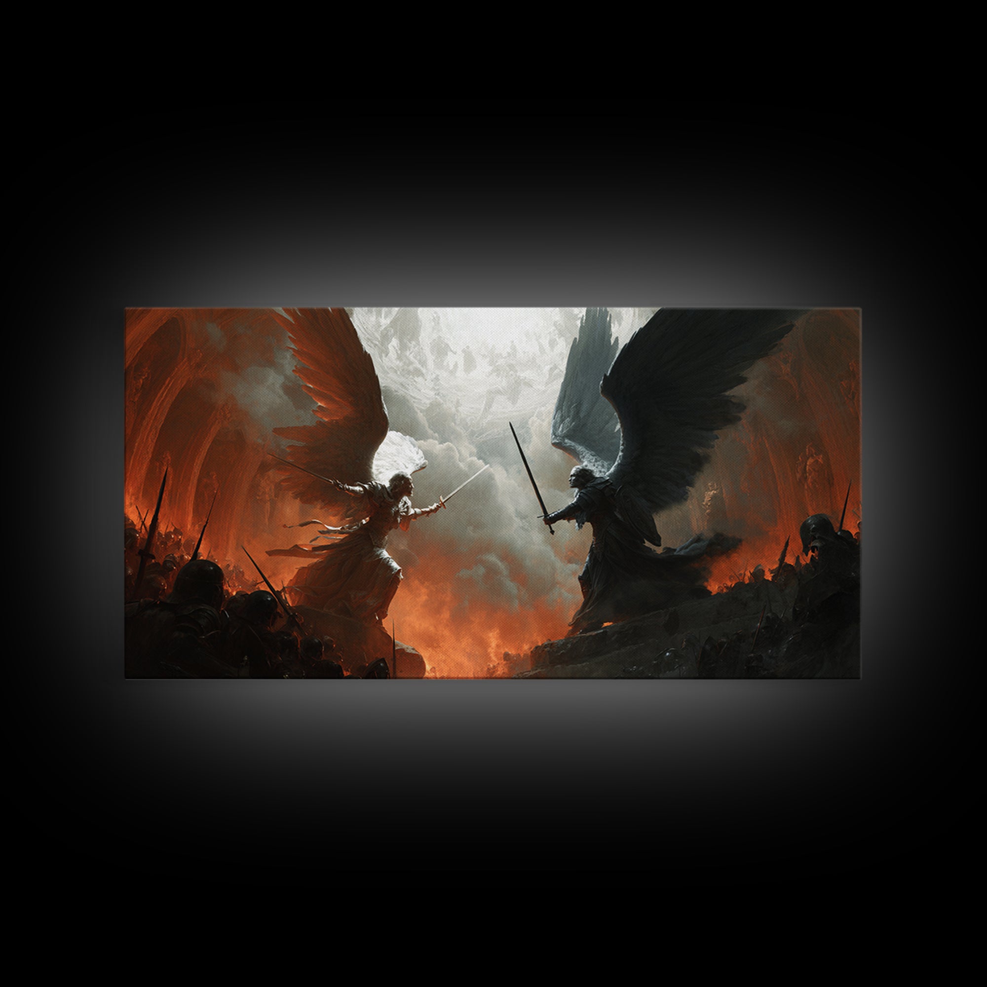 Angels And Demons Battle Wall Art, Dark Fantasy Framed Canvas Print, Epic Gothic Decor For Game Room Or Man Cave Wall Decor