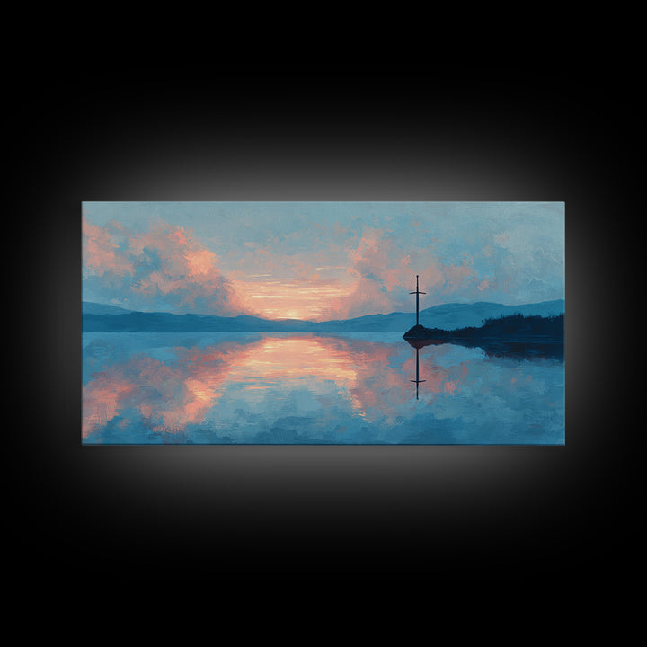 Pastel Lake Sunrise With Quiet Cross Wall Art, Landscape Painting, Christian Wall Decor, Calming Bedroom Art, Nature Gift