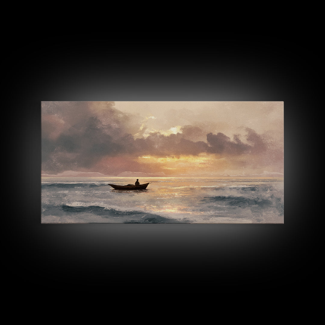 Solitary Fishing Boat At Golden Sunrise Canvas Print, Coastal Wall Art, Ocean Painting, Seascape Decor, Living Room Art Gift