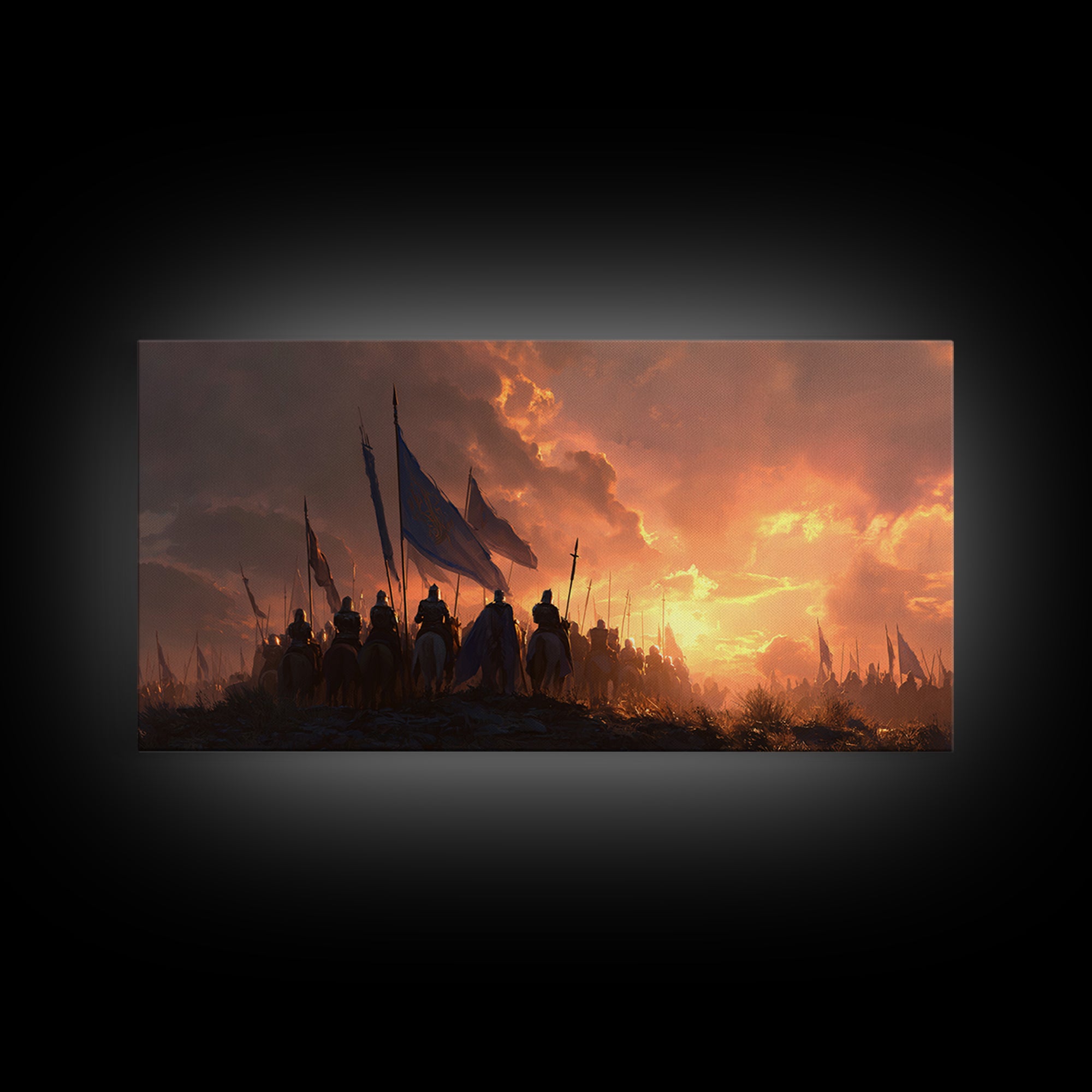 Medieval Cavalry At Fiery Sunset Wall Art, Epic Fantasy Battle Canvas Print, Knight Army Landscape Art, Gift For Him, Man Cave Decor