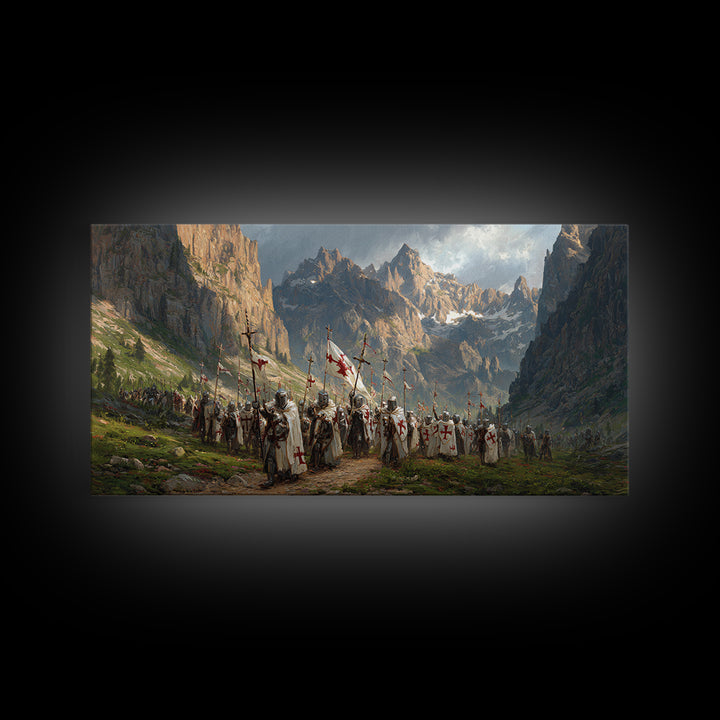 Knights In Mountain Valley Wall Art, Medieval Crusader Canvas Print, Epic Fantasy Battle Decor, Historical Artwork Gift For Him