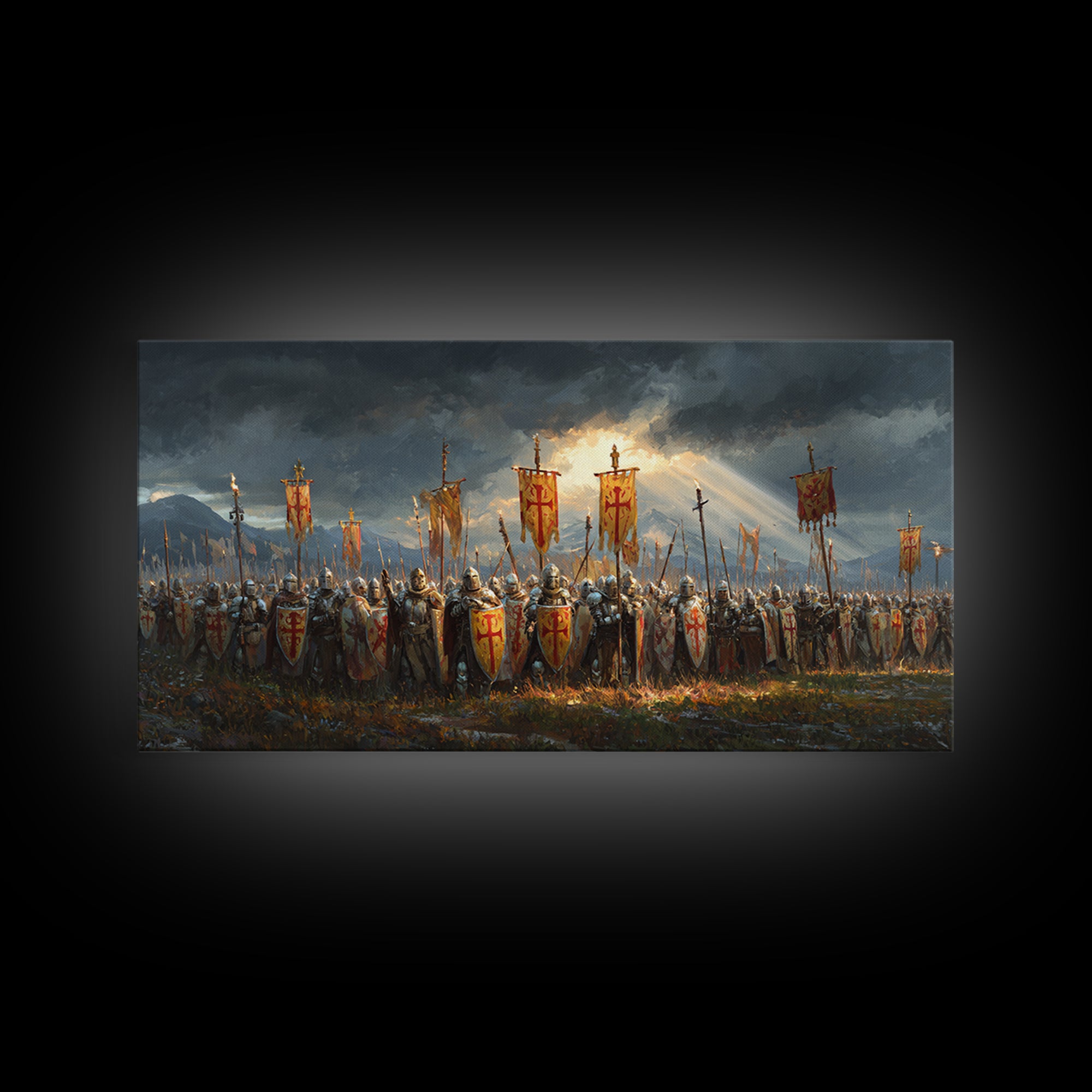 Medieval Knights Army With Red Banners Framed Canvas Print, Crusader Battle Wall Art, Historical Fantasy Decor Gift For Him