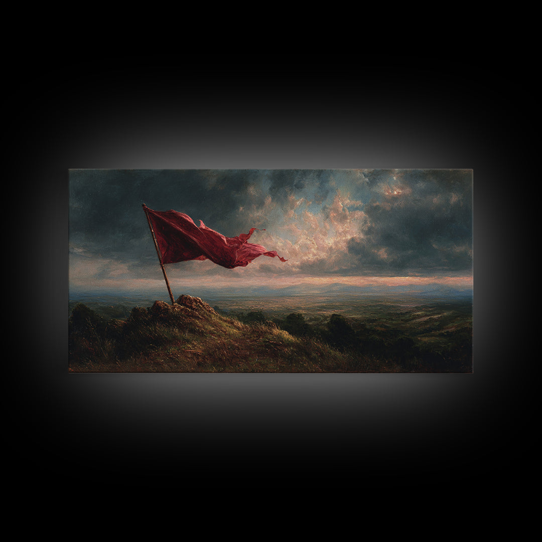 Red Flag Stormy Mountain Canvas Print, Dramatic Landscape Wall Art, Moody Rustic Decor, Patriotic Banner Art Print Gift For Him
