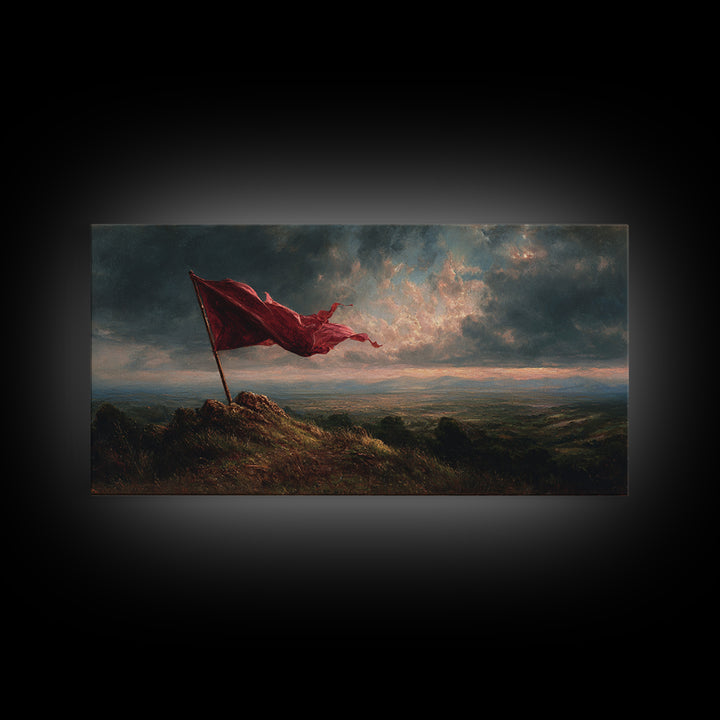Red Flag Stormy Mountain Canvas Print, Dramatic Landscape Wall Art, Moody Rustic Decor, Patriotic Banner Art Print Gift For Him