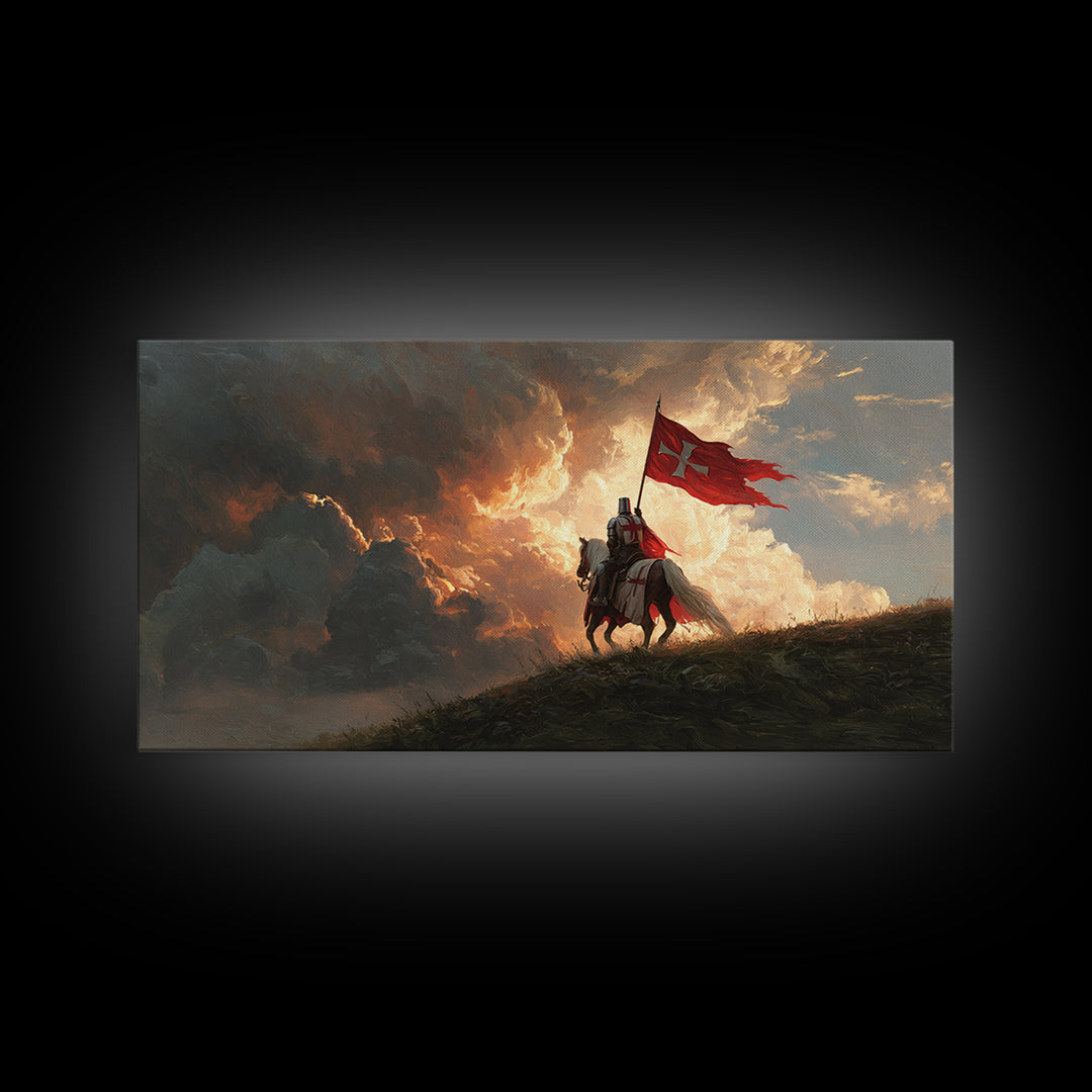 Medieval Knight With Red Banner Wall Art, Fantasy Warrior Canvas Print, Dramatic Battle Scene, Gothic Castle Decor Gift For Him