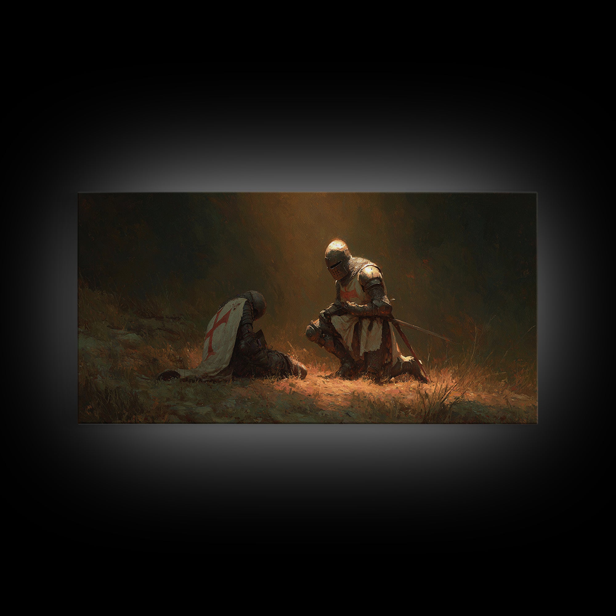 Kneeling Knight Beside Fallen Comrade Wall Art, Medieval Templar Painting, Chivalry Decor, Historical Canvas Print, Gift For Him