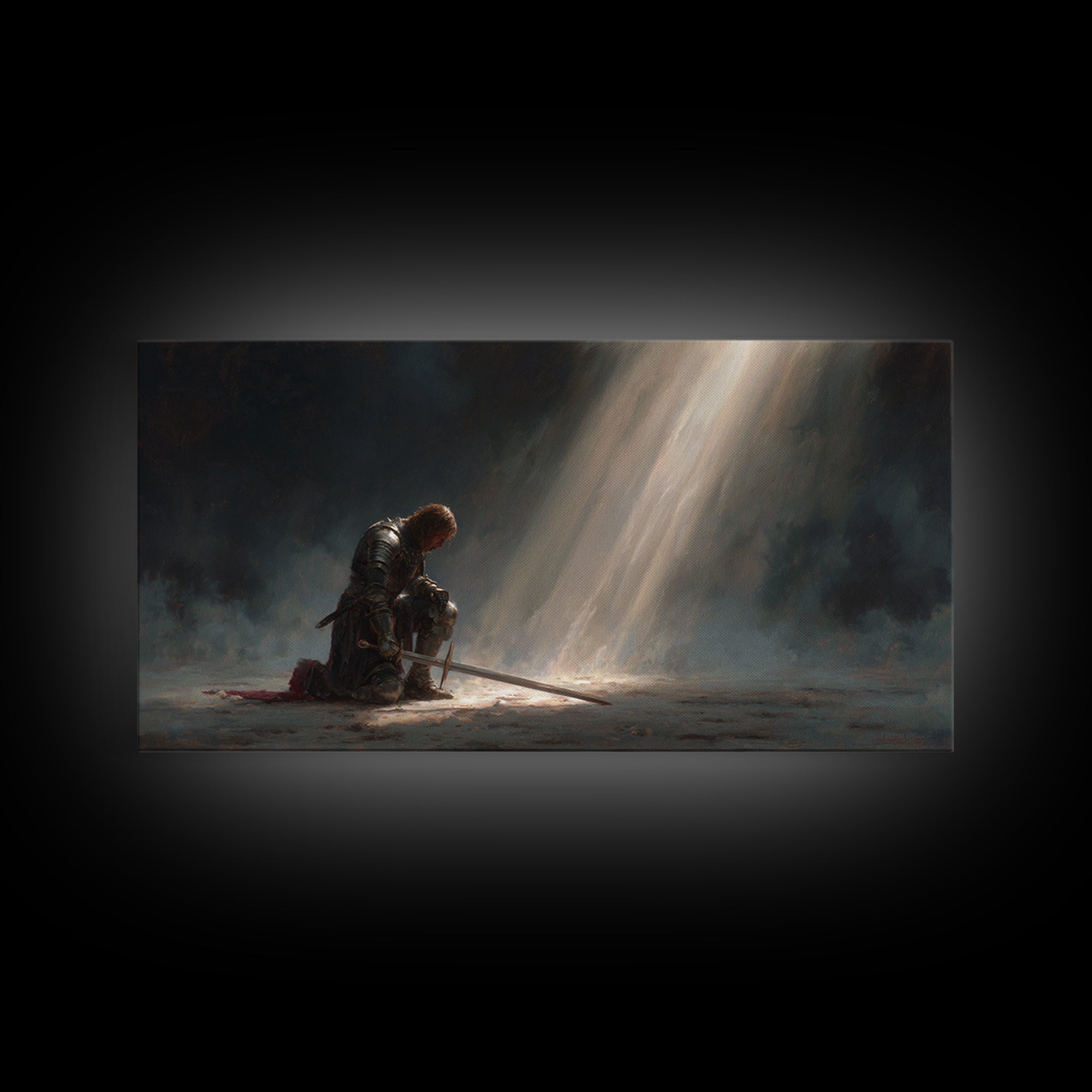 Solitary Knight Kneeling In Divine Light Canvas Print, Medieval Prayer Wall Art, Templar Office Decor, Spiritual Gift For Him