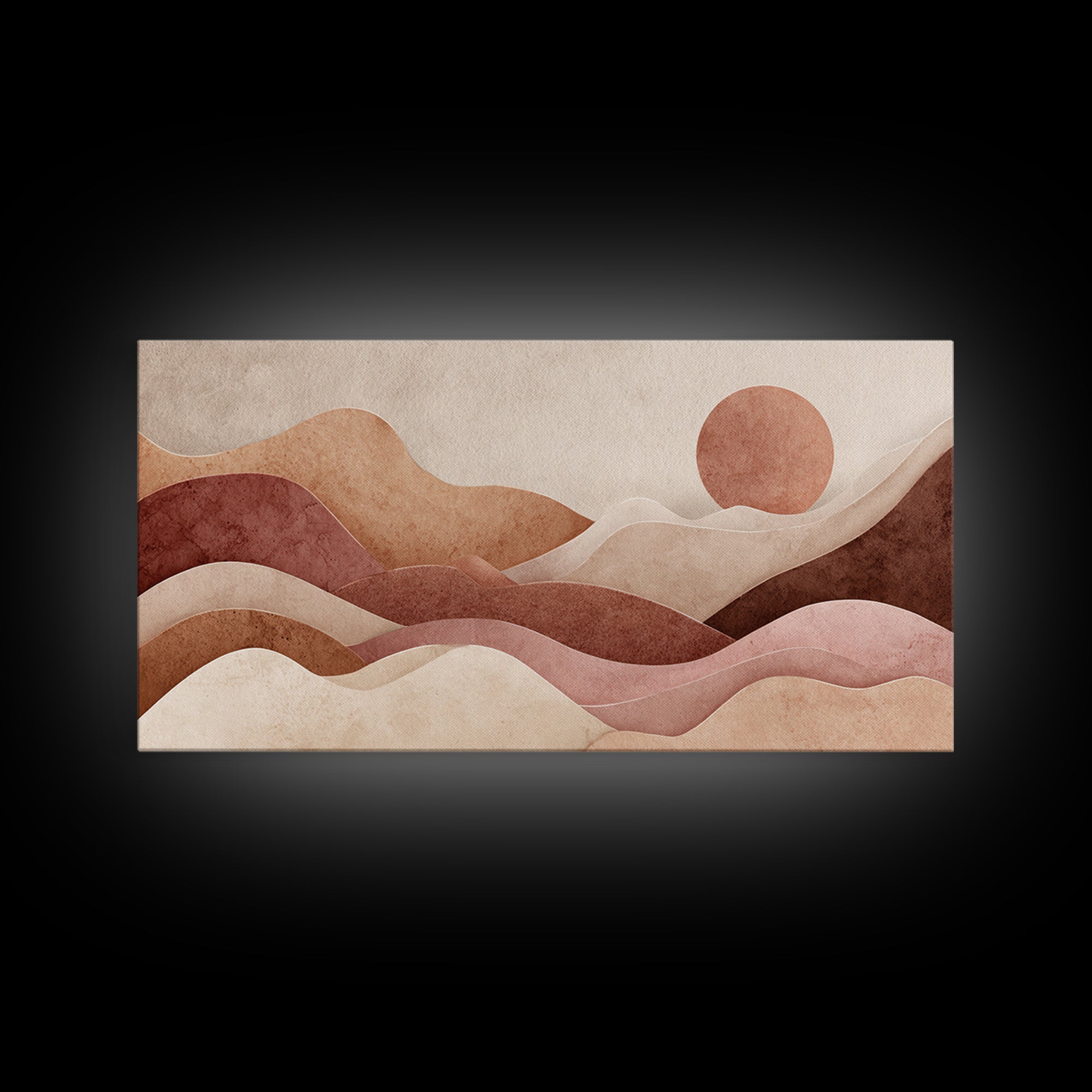 Mauve Terracotta Abstract Mountain Sun Wall Art, Wavy Desert Landscape Canvas Print, Neutral Boho Decor, Large Above Bed Art