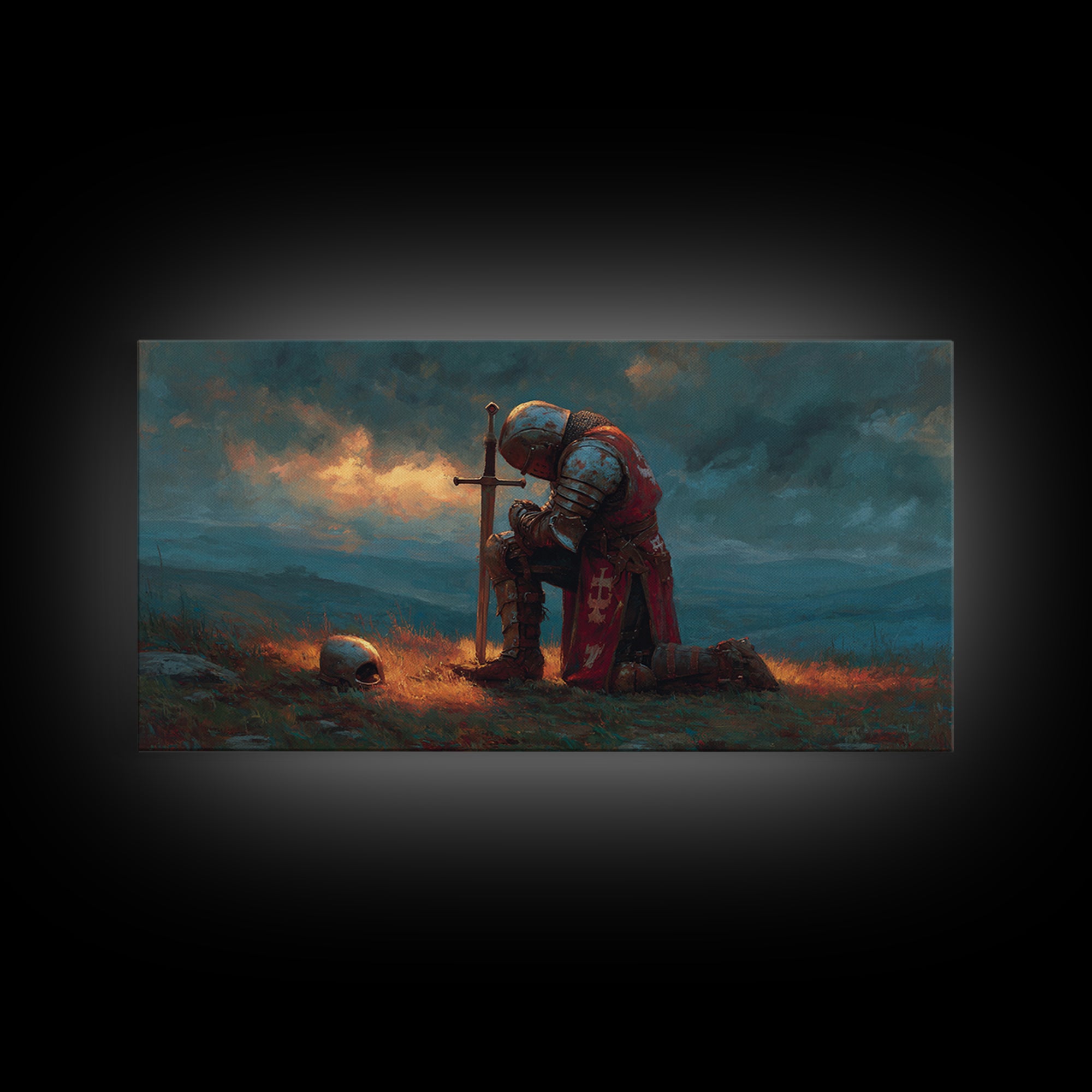 Kneeling Medieval Knight Wall Art, Moody Fantasy Framed Canvas Print, Sword And Skull Decor, Masculine Office Art Gift For Him
