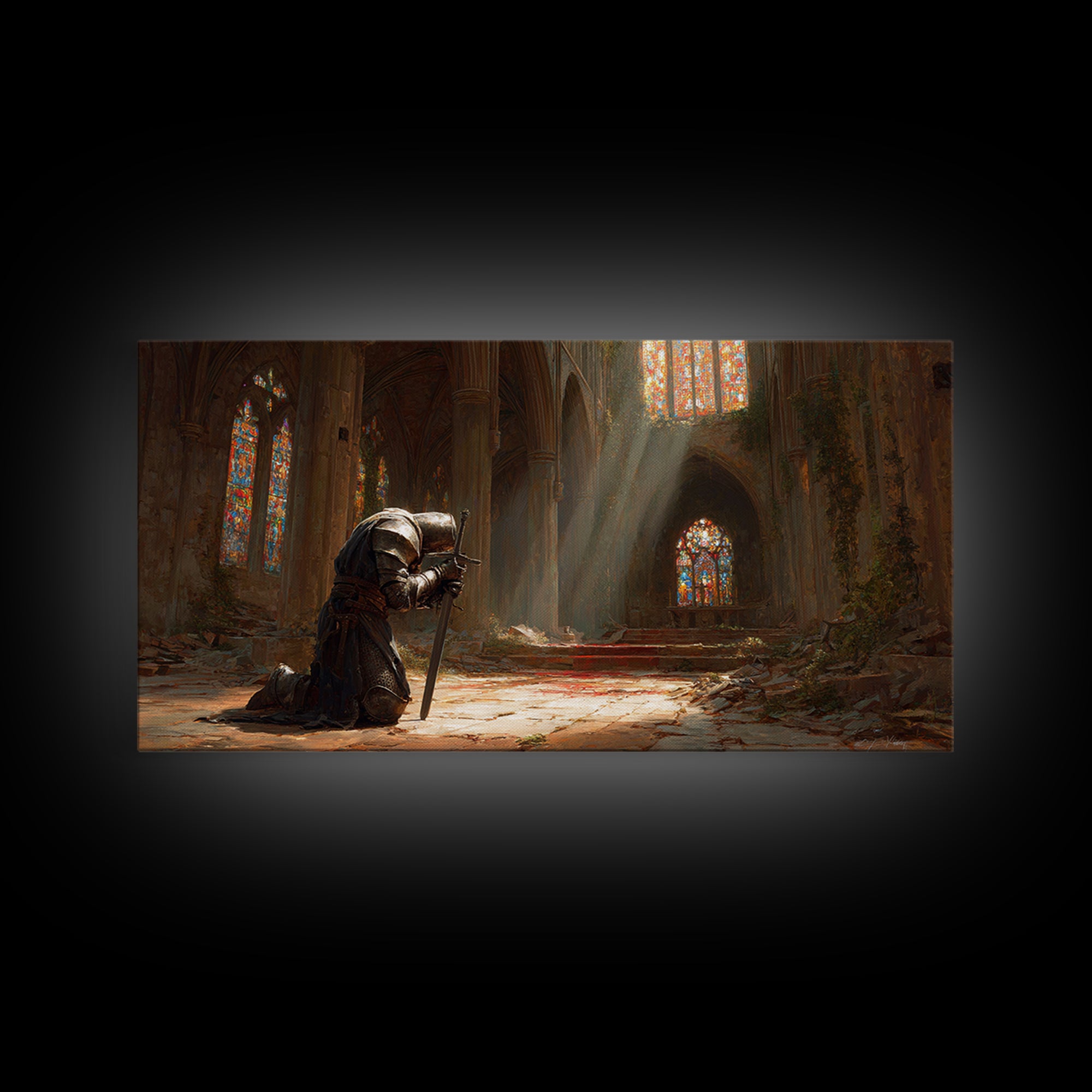 Kneeling Knight In Ruined Cathedral Wall Art, Medieval Fantasy Canvas, Stained Glass Chapel, Dark Academia Home Decor Gift