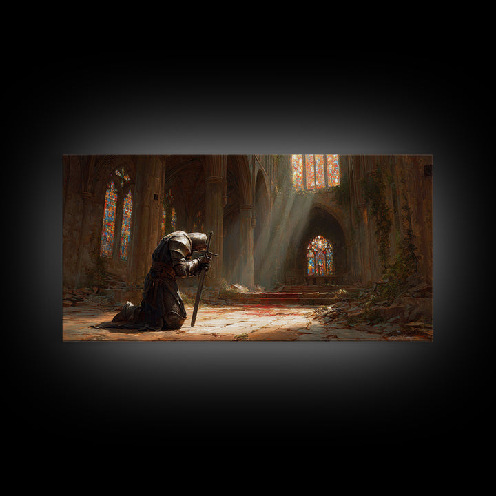 Kneeling Knight In Ruined Cathedral Wall Art, Medieval Fantasy Canvas, Stained Glass Chapel, Dark Academia Home Decor Gift