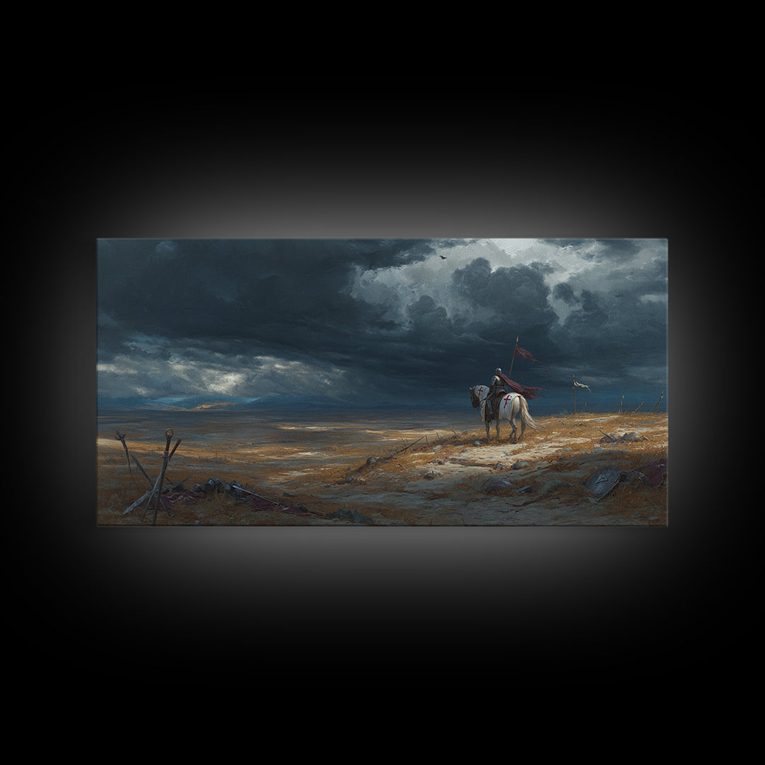 Lone Western Rider Storm Landscape Wall Art, Moody Prairie Horse Canvas, Rustic Cowboy Decor, Dramatic Frontier Print, Gift