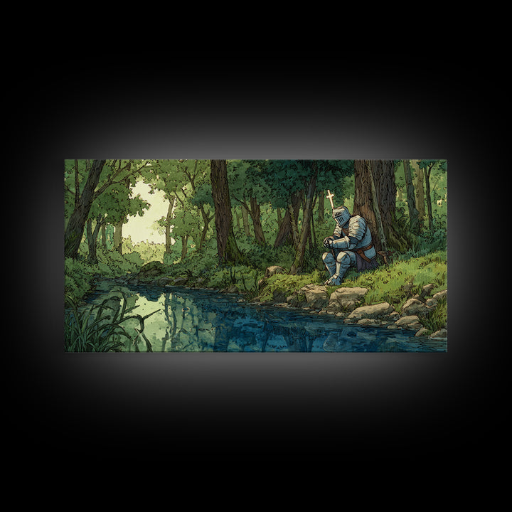 Pixel Knight Resting By Forest Stream Wall Art, Fantasy Canvas Print, Woodland Landscape, Kids Room Decor Gamer Gift For Him